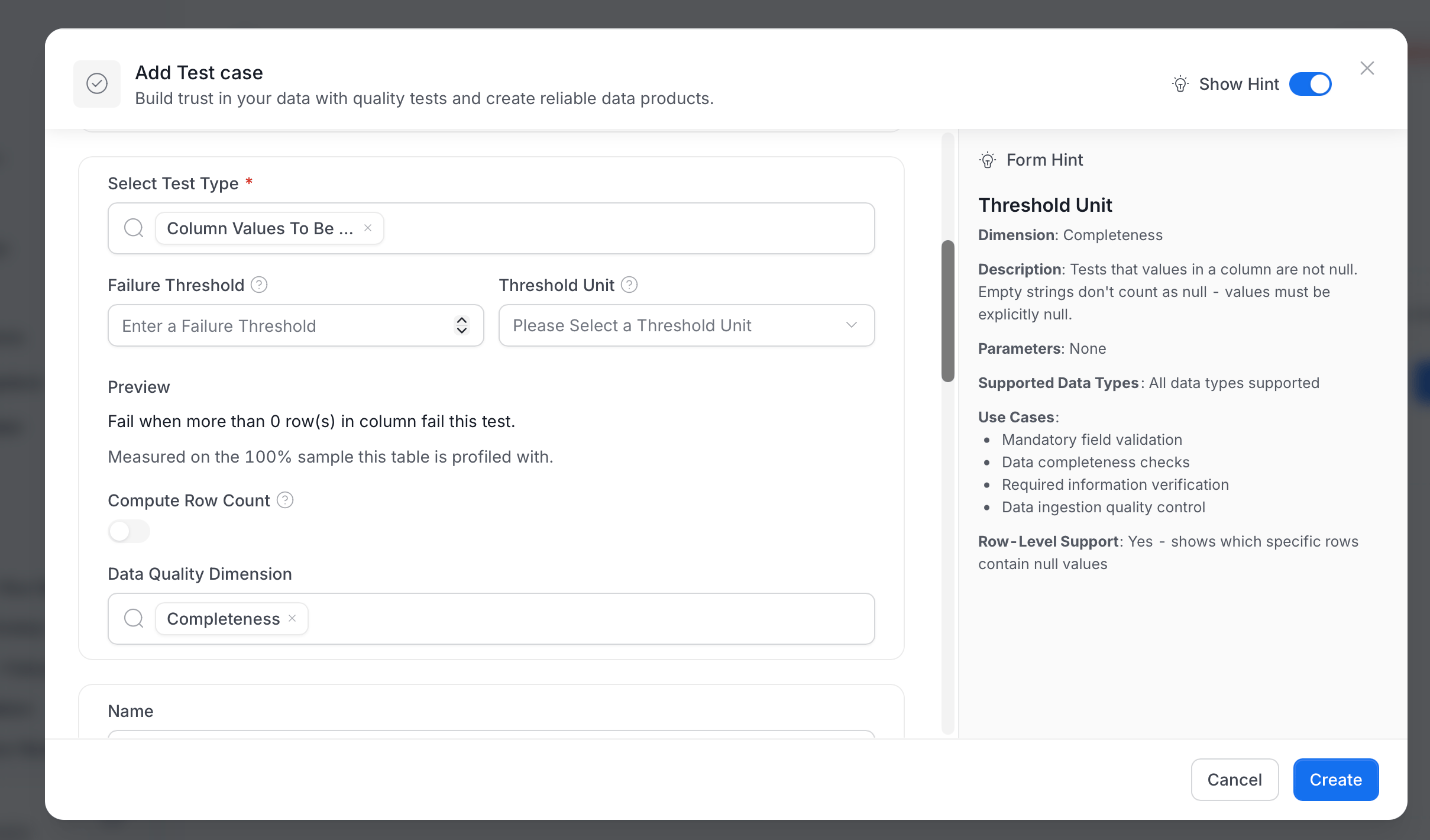Add Test case form showing the Failure Threshold and Threshold Unit fields with the Preview
