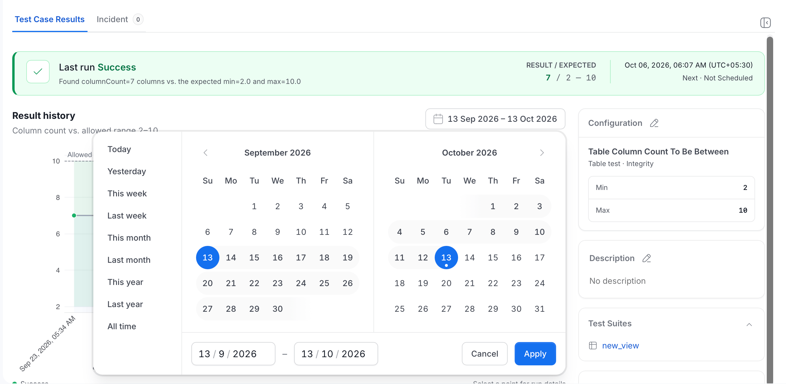 Date range picker with presets, two calendars, start and end date fields, and the Cancel and Apply buttons