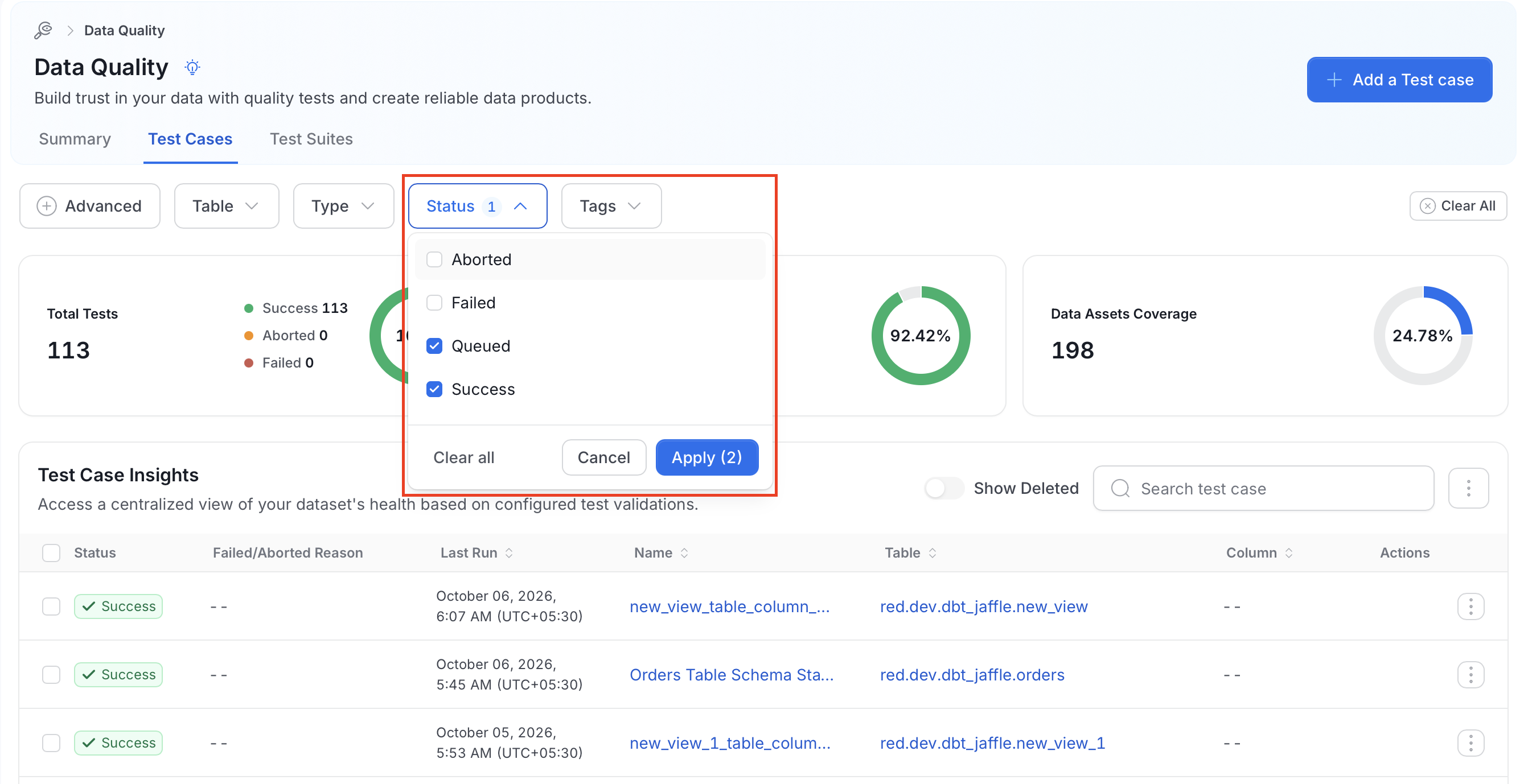 Status filter with Queued and Success selected and the Apply (2) button