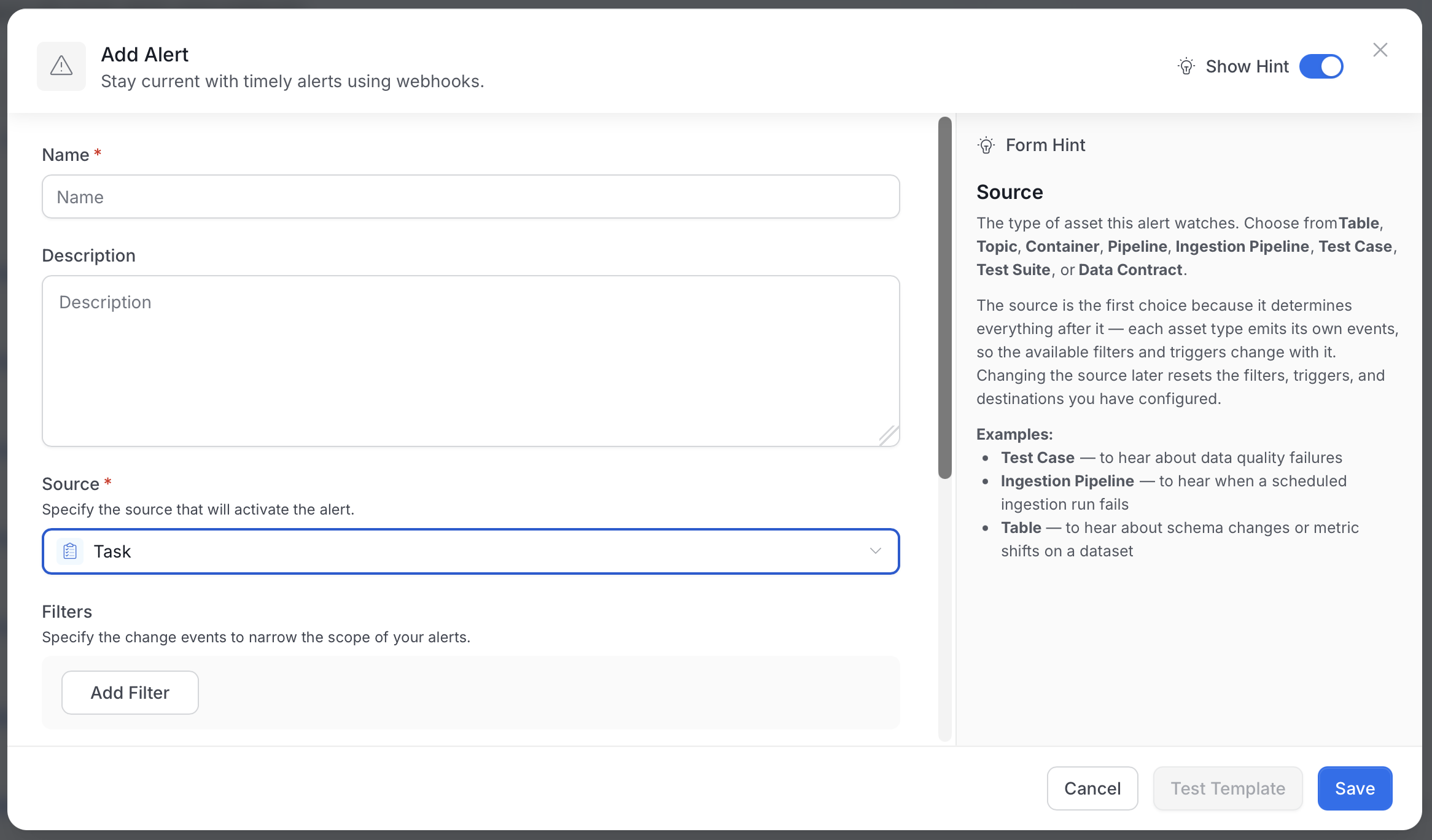 Add Alert form with the Name and Description fields and Source set to Task
