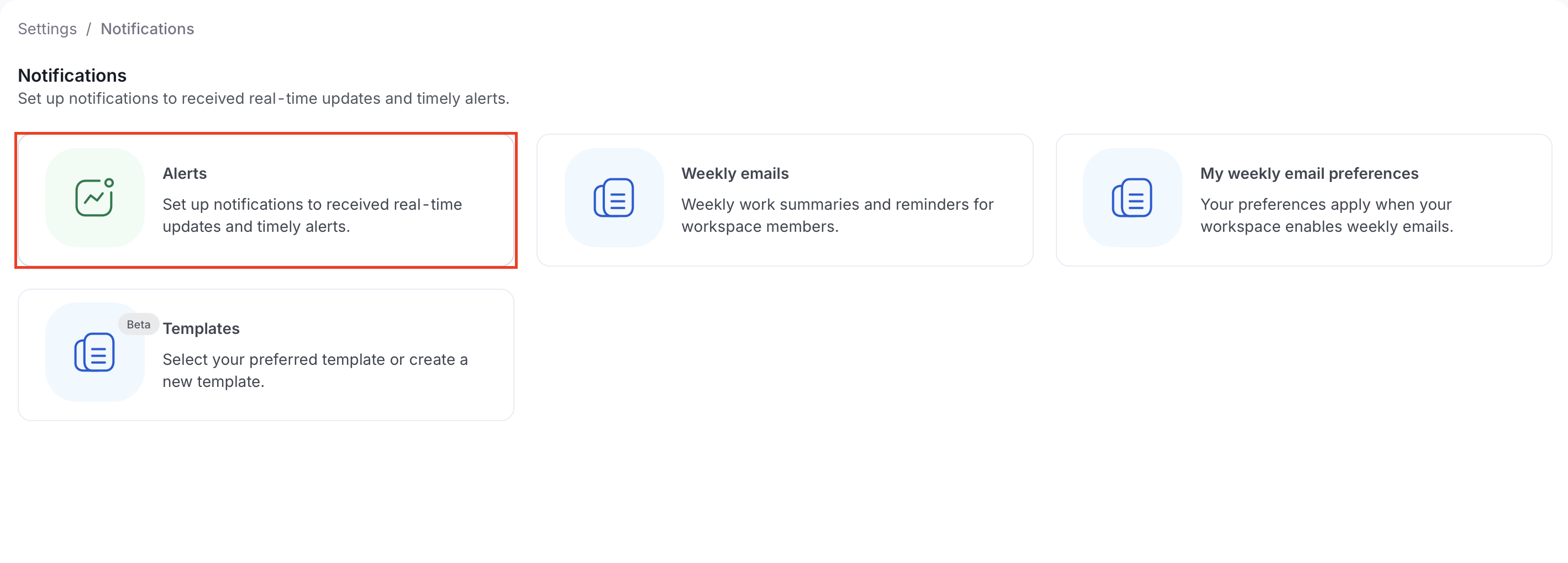 Notifications page in Settings with the Alerts card highlighted