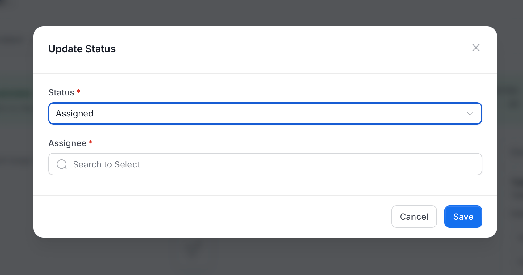 Update Status dialog with Assigned selected and the Assignee field