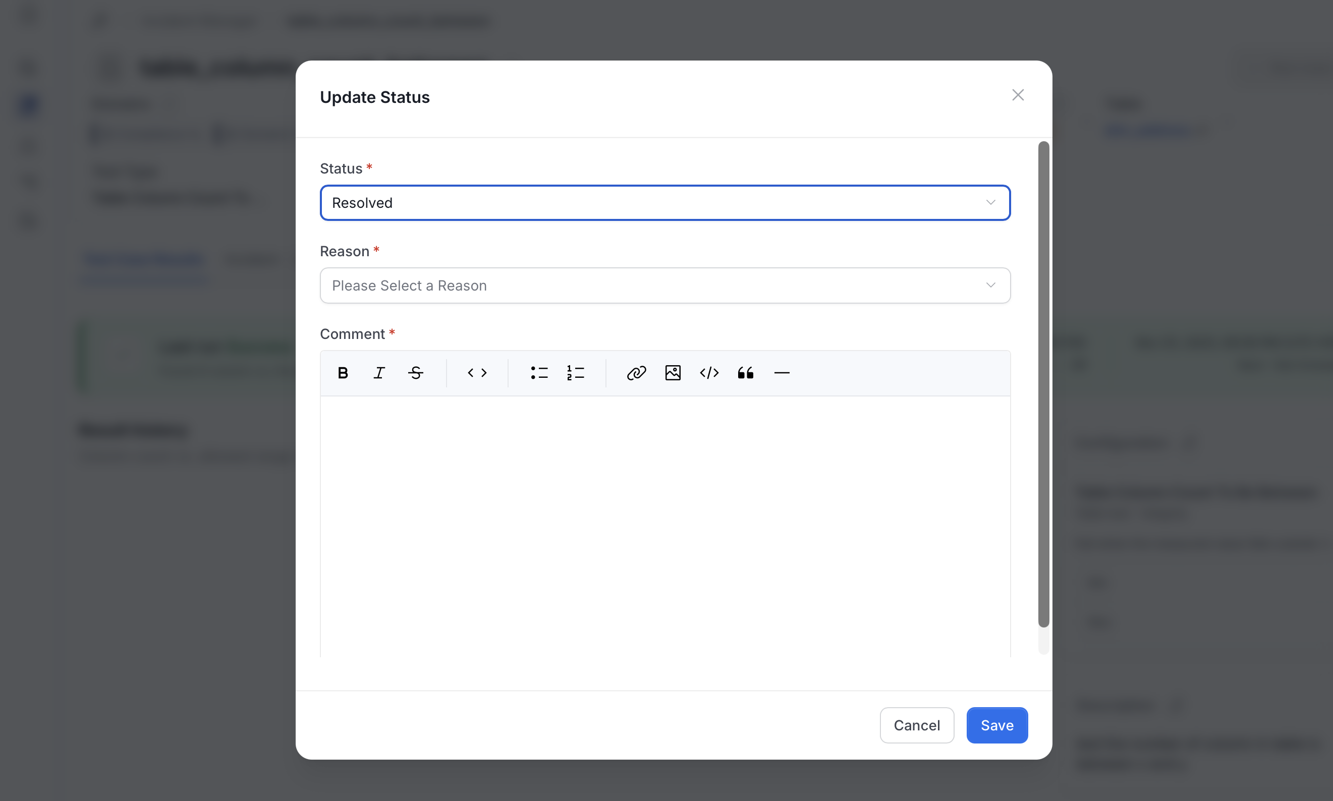 Update Status dialog with Resolved selected and the Reason and Comment fields