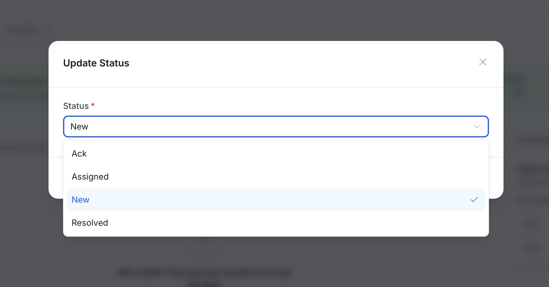 Update Status dialog with the Status list open, showing Ack, Assigned, New, and Resolved