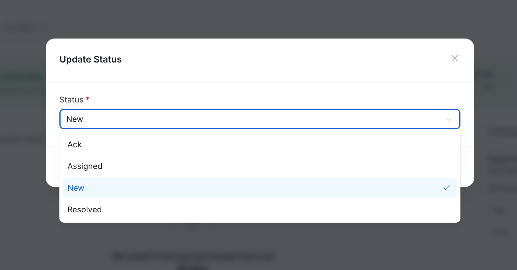 Update Status dialog with the Status list open, showing Ack, Assigned, New, and Resolved