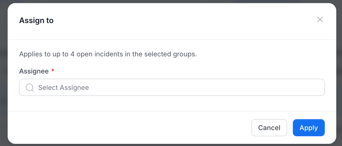 Assign to dialog with the scope message, the Assignee field, and the Cancel and Apply buttons