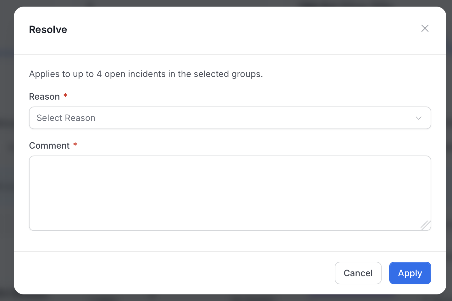 Resolve dialog with the scope message, the Reason and Comment fields, and the Cancel and Apply buttons