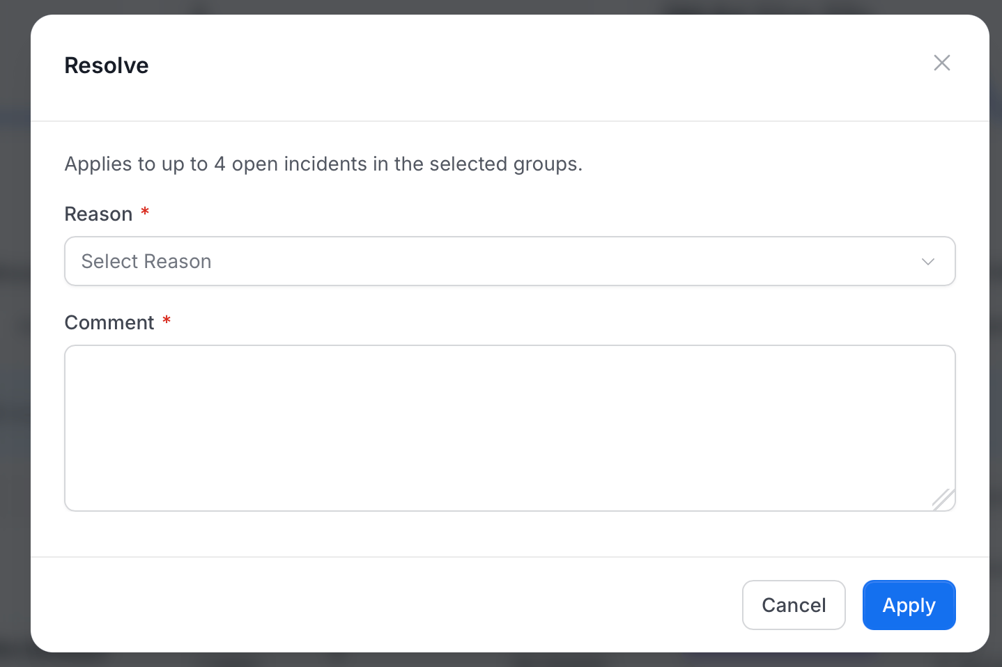 Resolve dialog with the scope message, the Reason and Comment fields, and the Cancel and Apply buttons