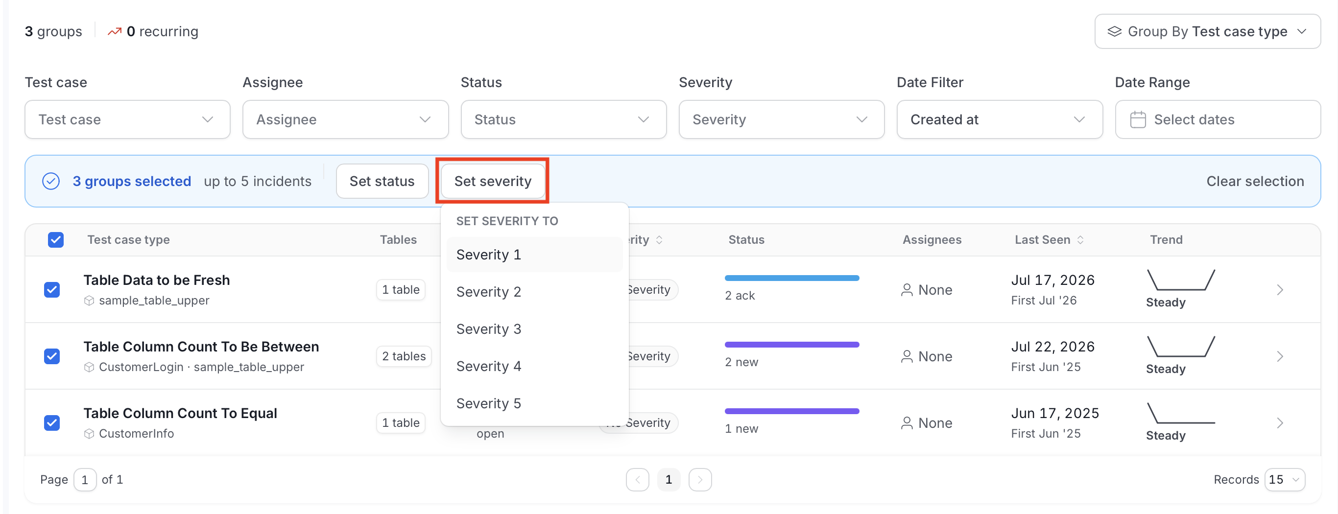 Set severity menu with the Severity 1 to Severity 5 options