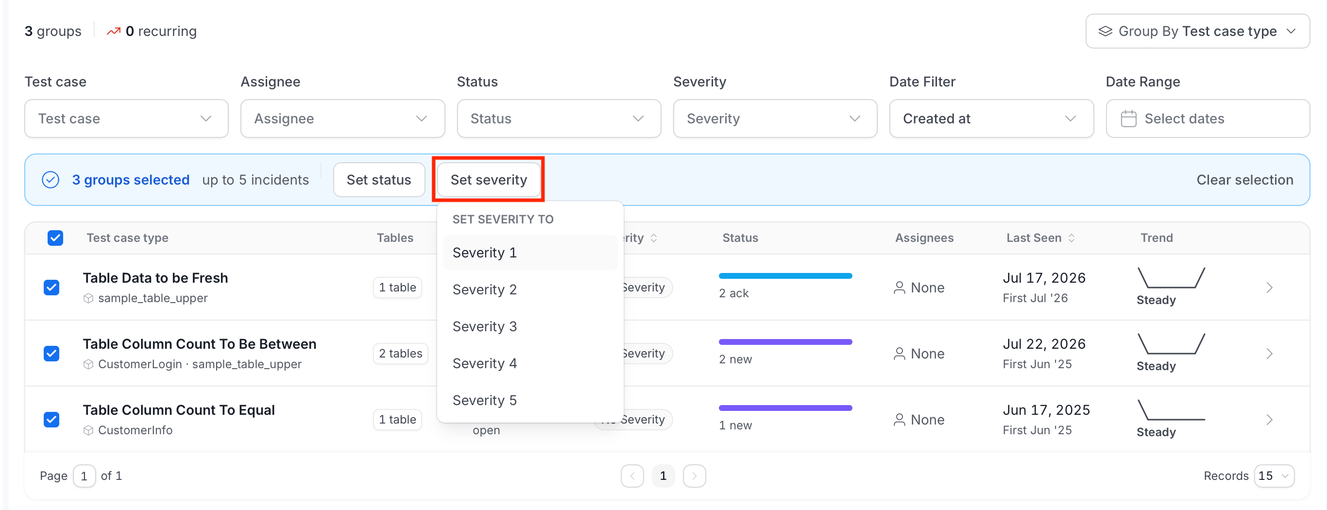 Set severity menu with the Severity 1 to Severity 5 options
