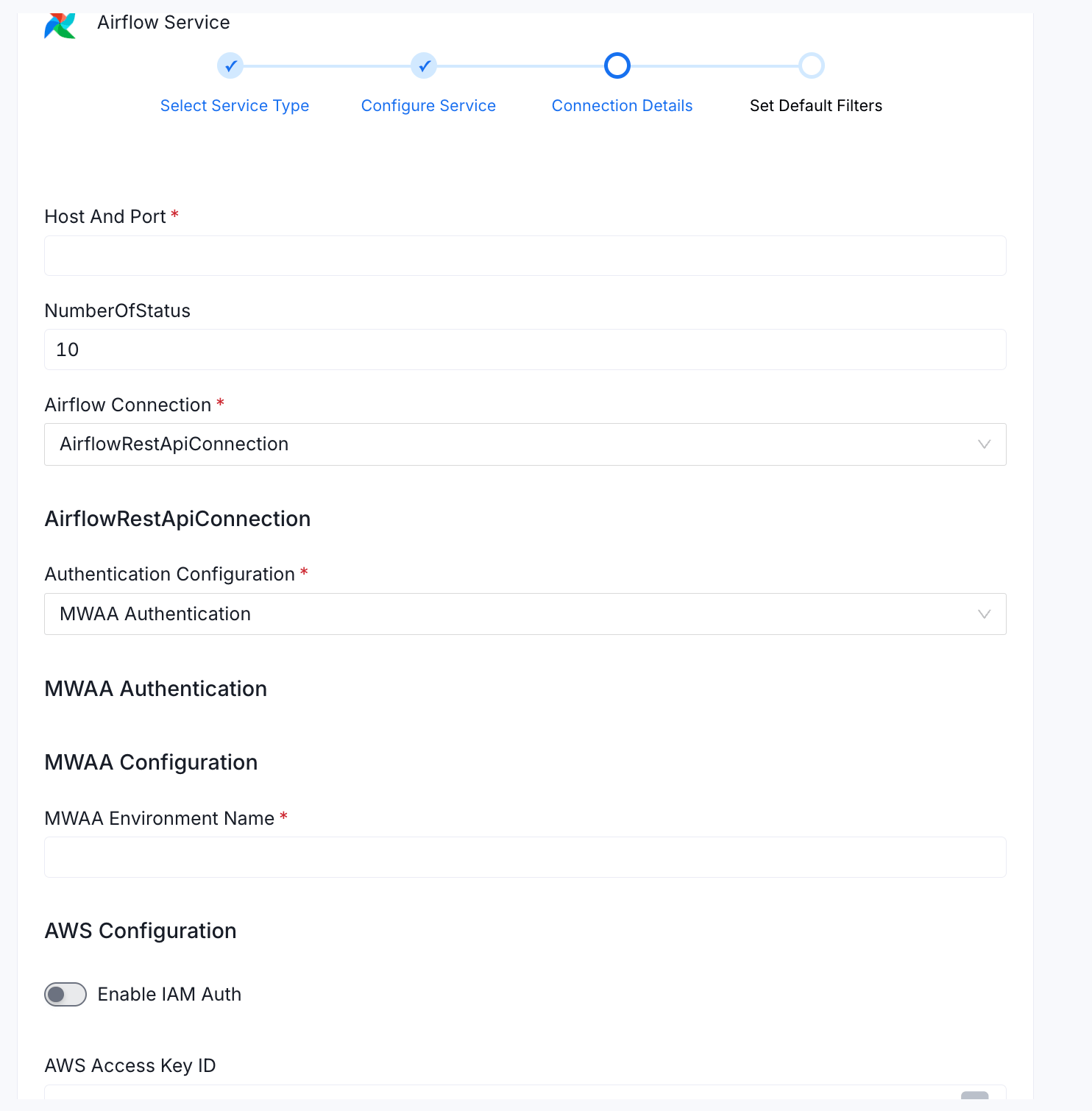 Collate UI — Airflow REST API connection with MWAA Authentication selected, showing MWAA Environment Name and AWS Configuration fields