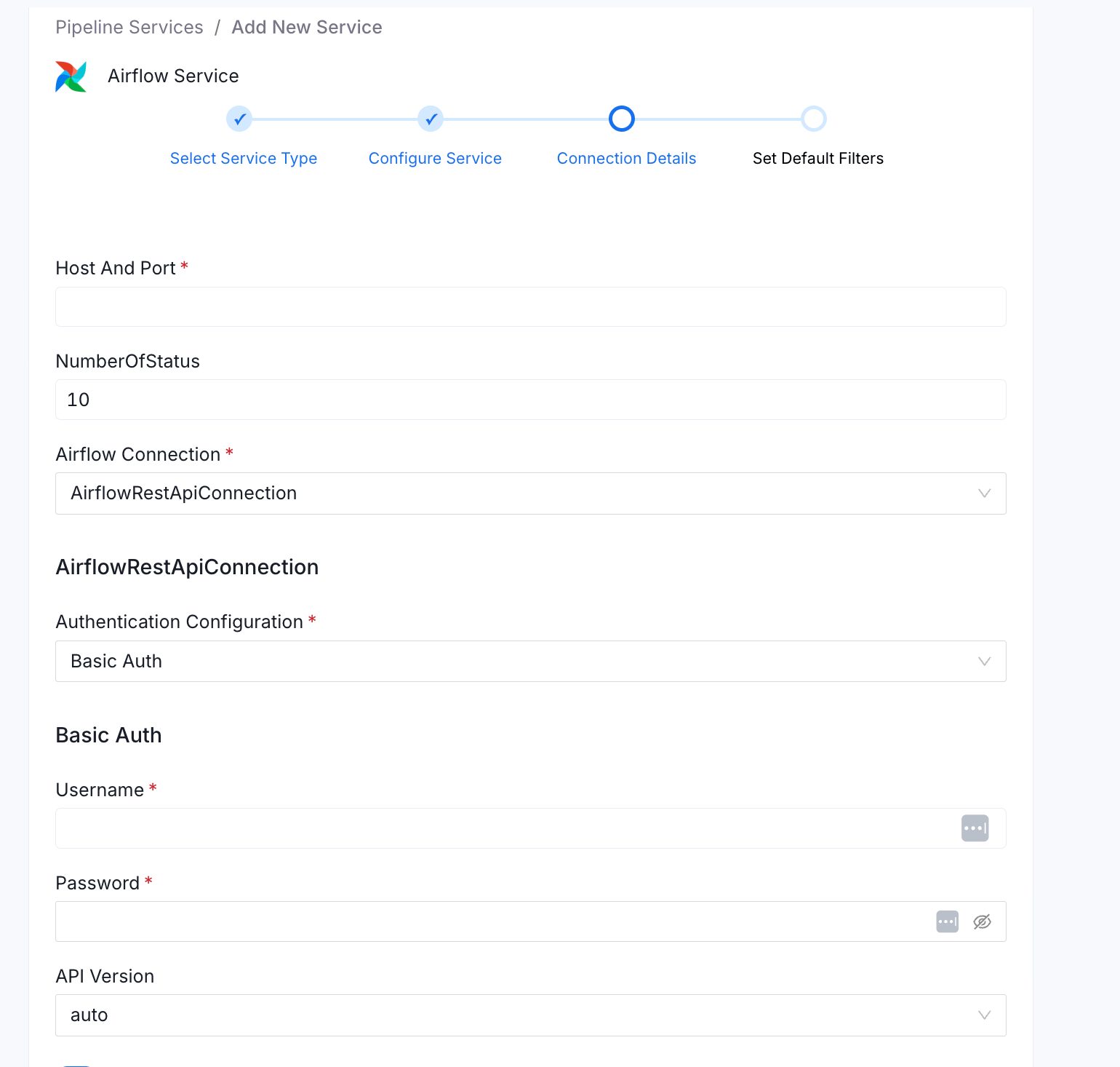 Collate UI — Airflow REST API connection with Basic Auth selected, showing Username, Password, and API Version fields