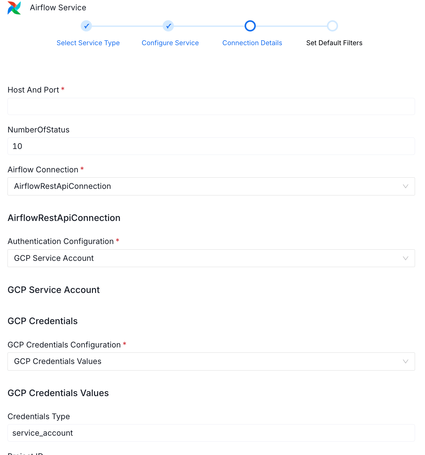 Collate UI — Airflow REST API connection with GCP Service Account selected, showing GCP Credentials Configuration dropdown set to GCP Credentials Values