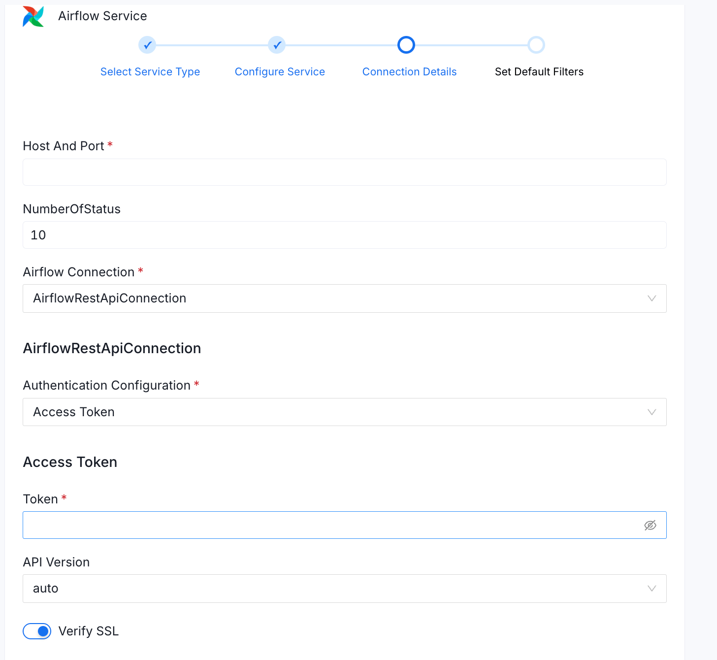 Collate UI — Airflow REST API connection with Access Token selected, showing Token, API Version, and Verify SSL fields