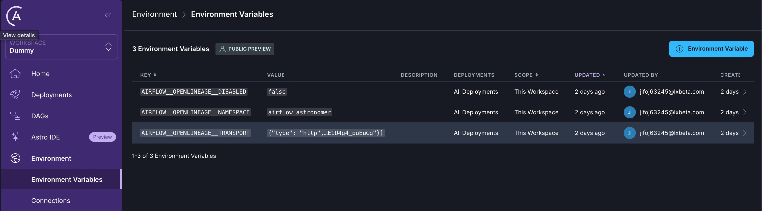 Astronomer environment variables UI showing OpenLineage namespace and transport configuration