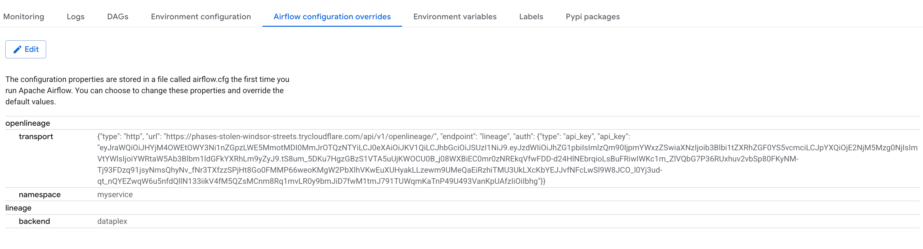 GCP Console — Composer Airflow configuration overrides panel showing openlineage namespace and transport settings