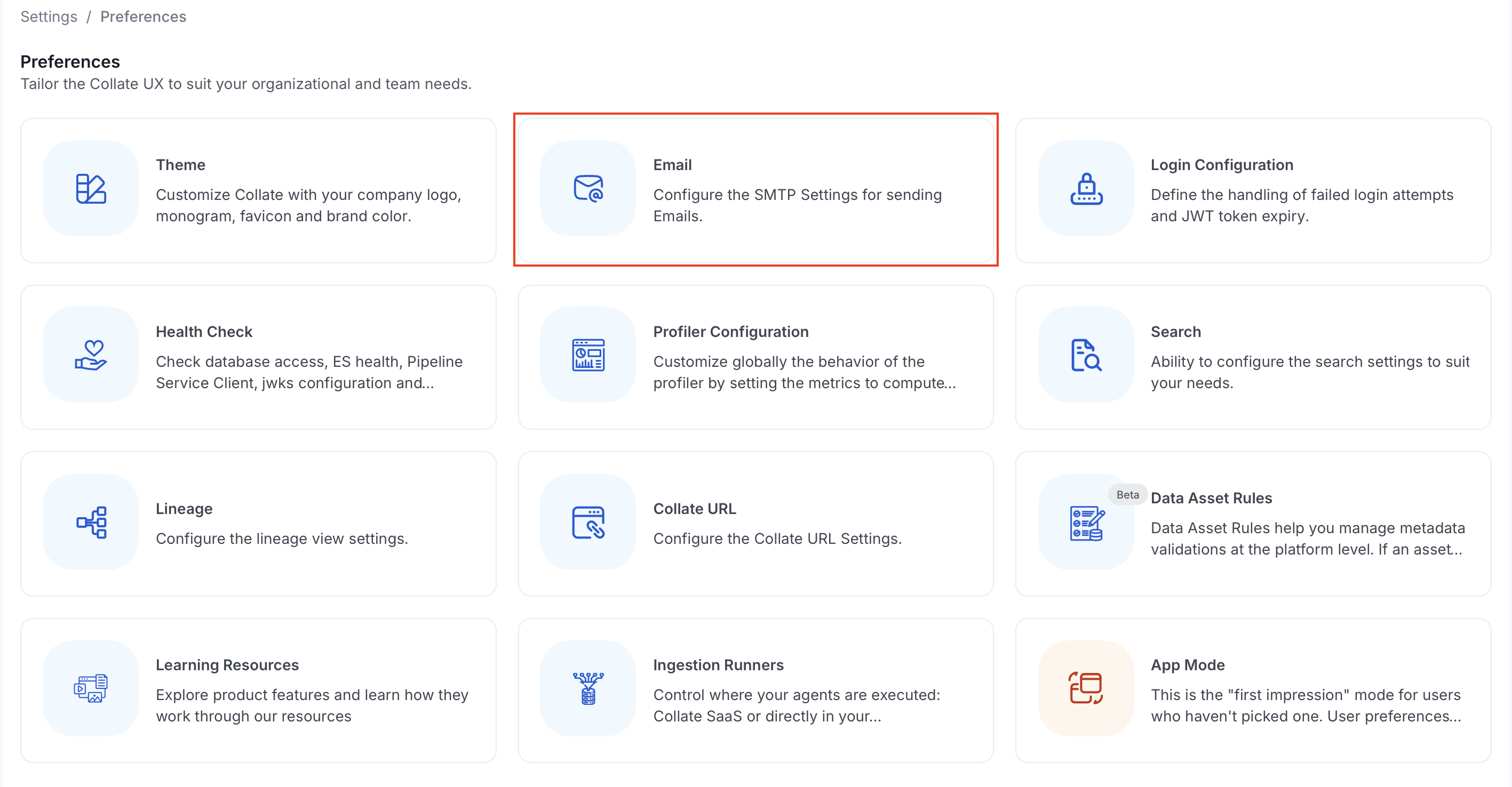 Email settings under Preferences