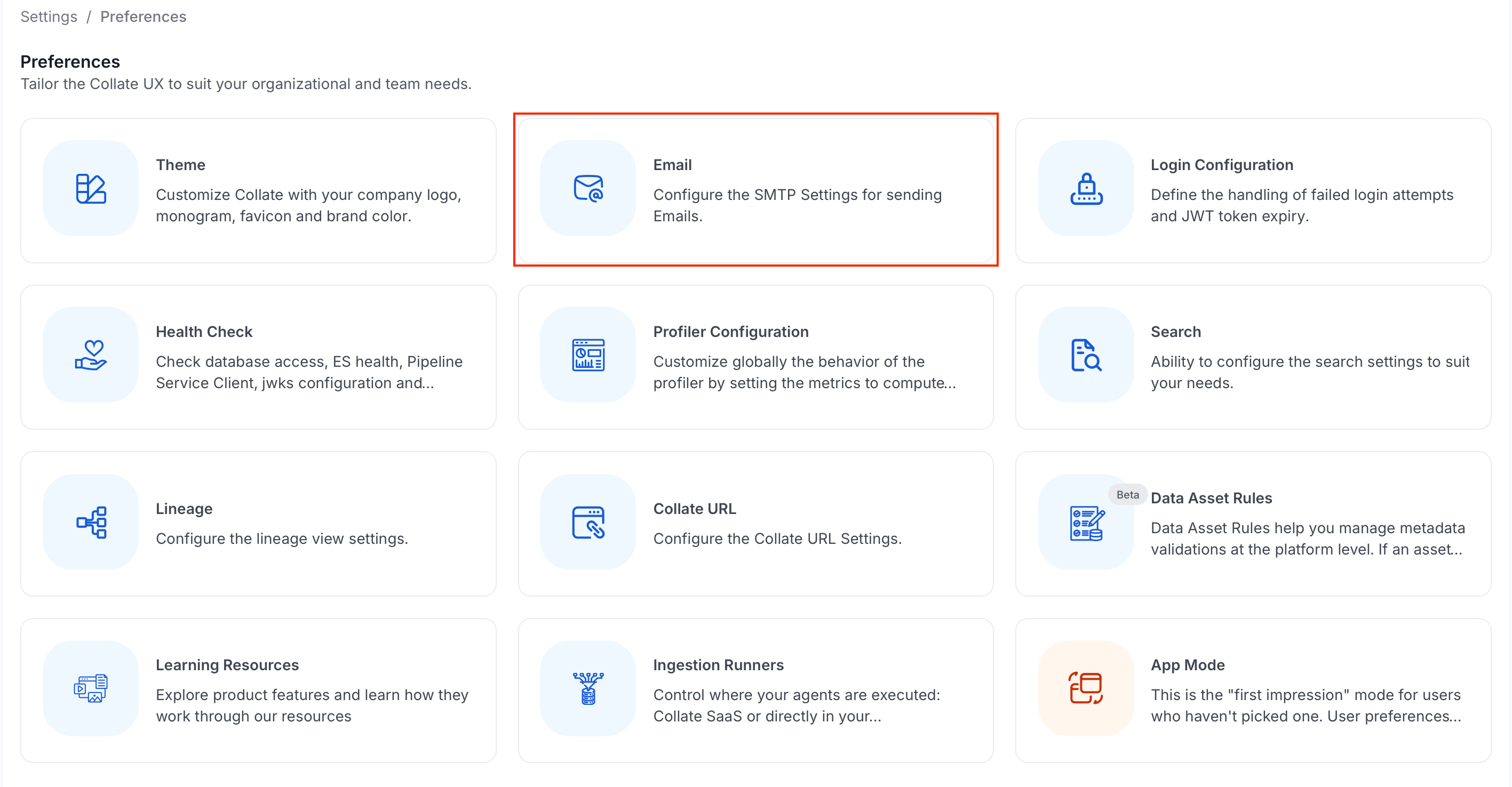Email settings under Preferences