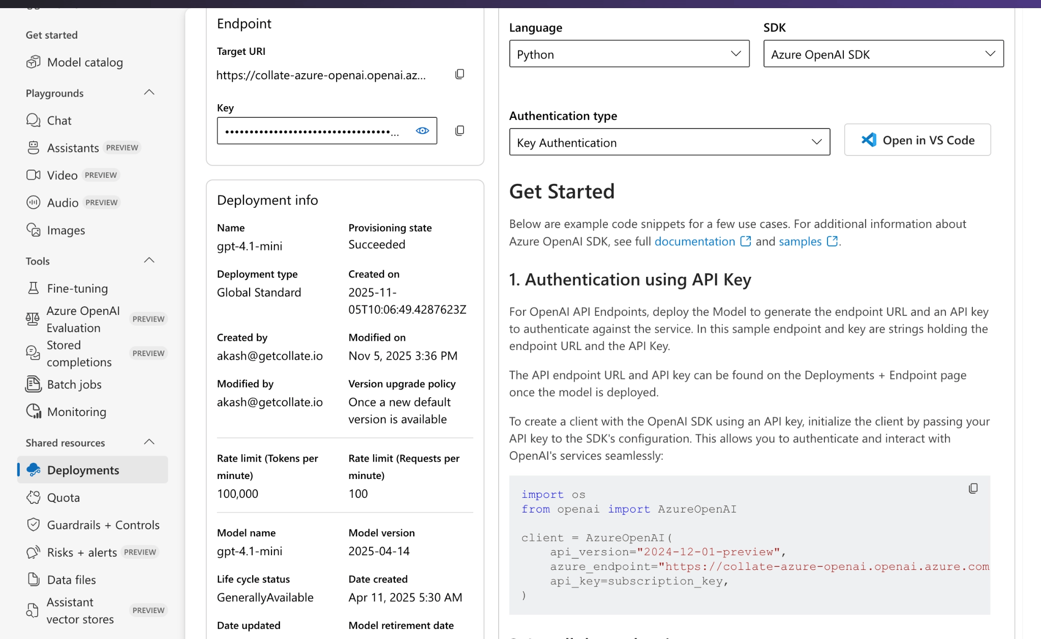 Azure OpenAI deployment preview showing endpoint and deployment details