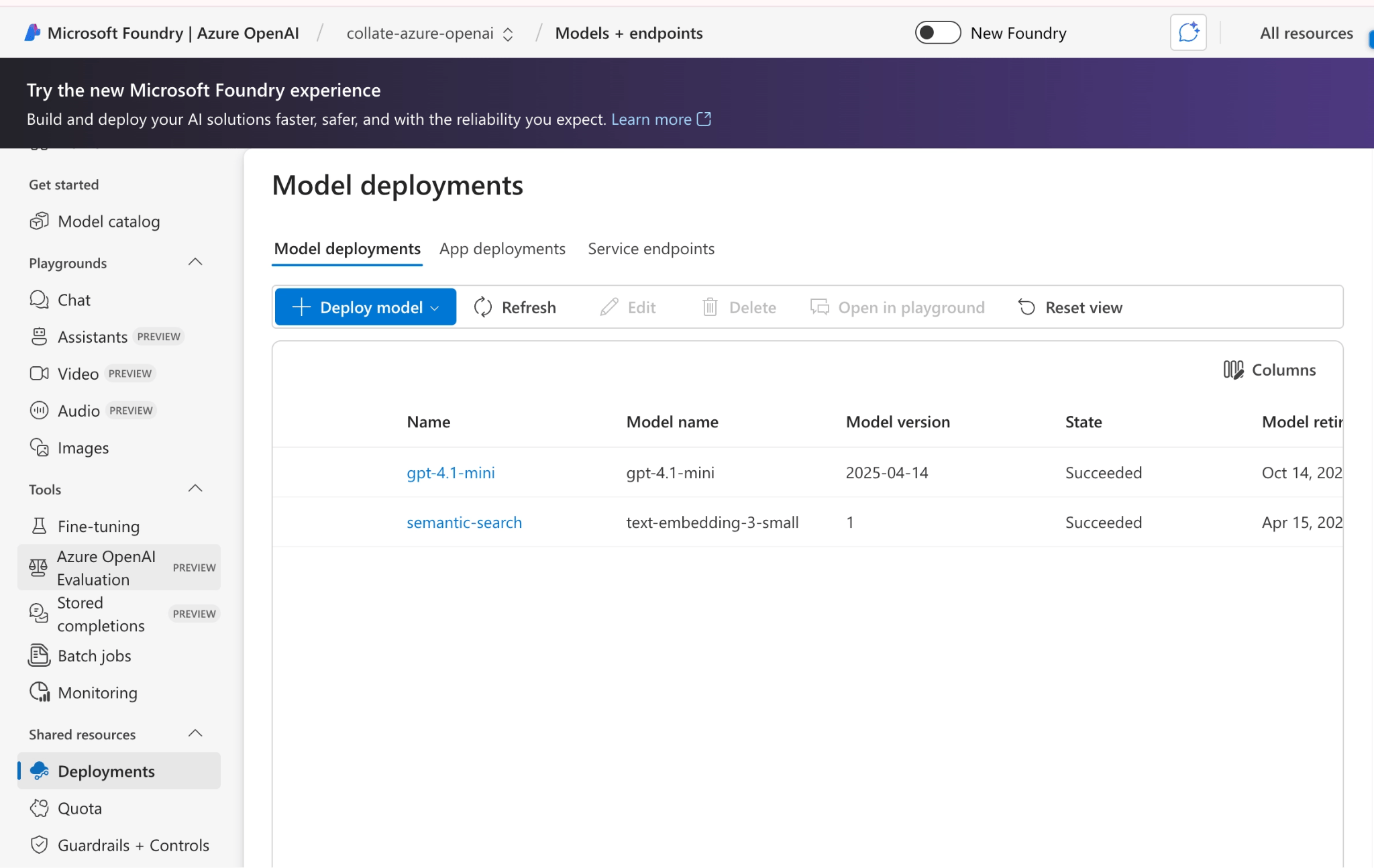 Azure OpenAI model deployments page