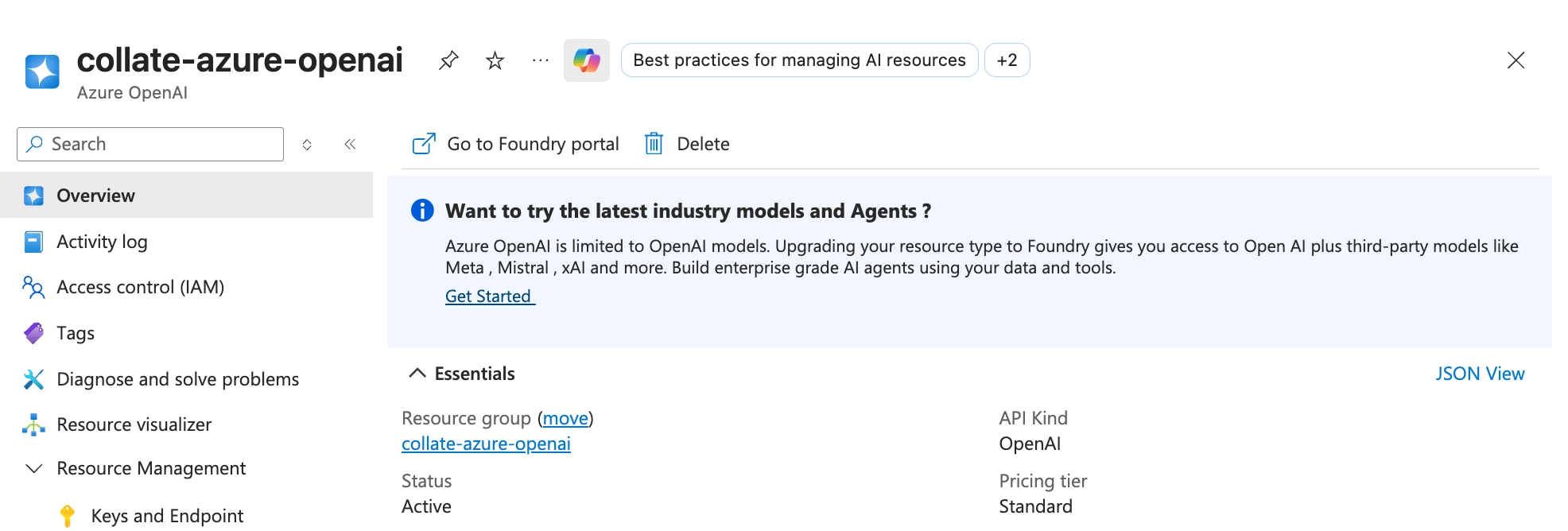 Azure OpenAI service overview with link to Foundry portal