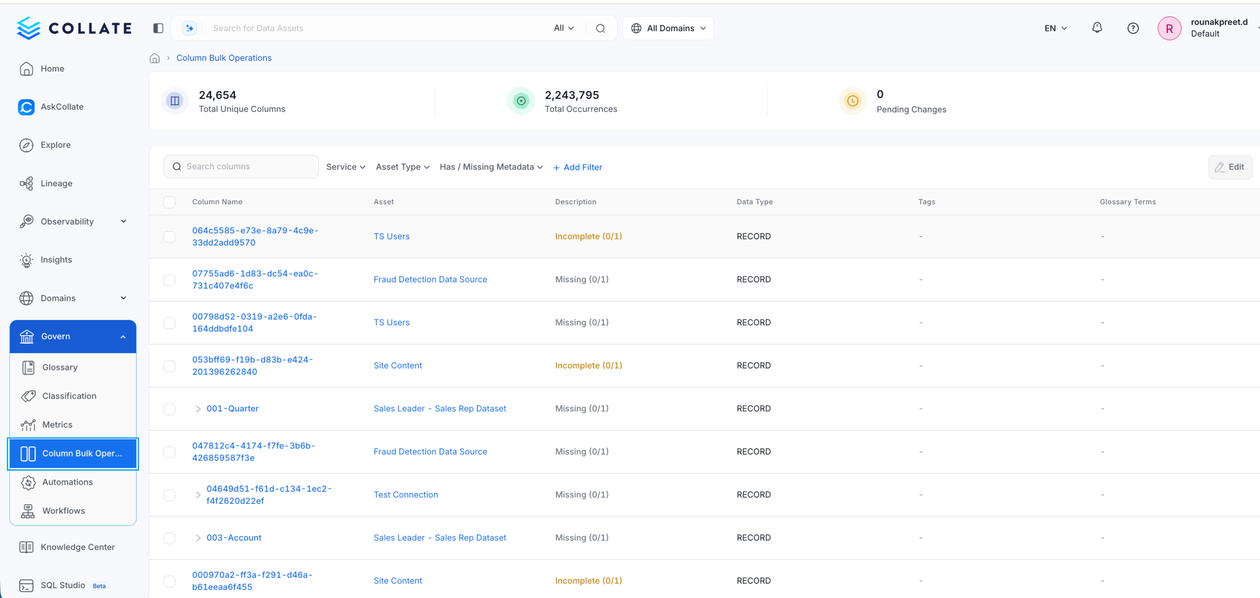 Column Bulk Operations Main View