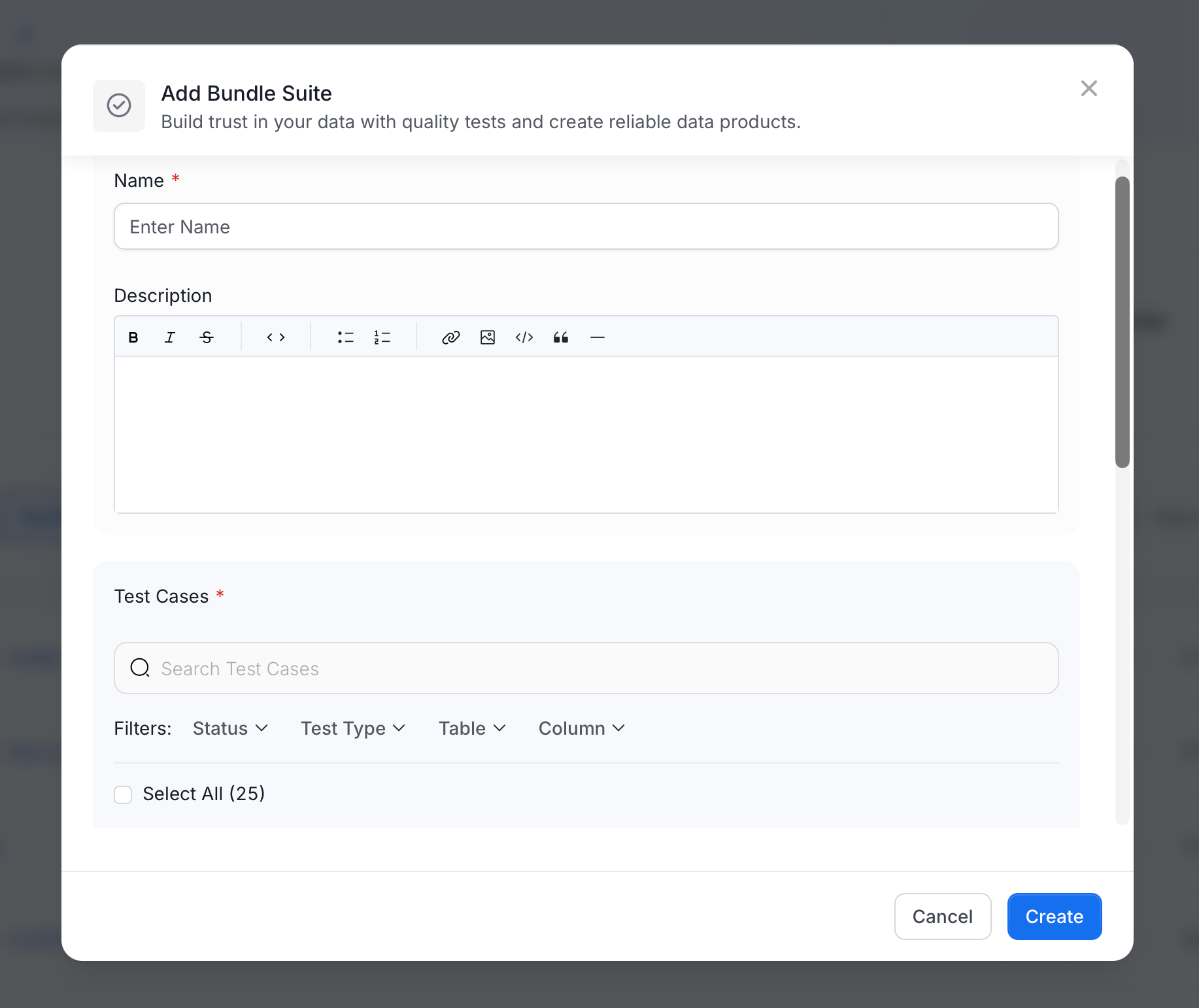 Add Bundle Suite window with Name, Description, and Test Cases fields
