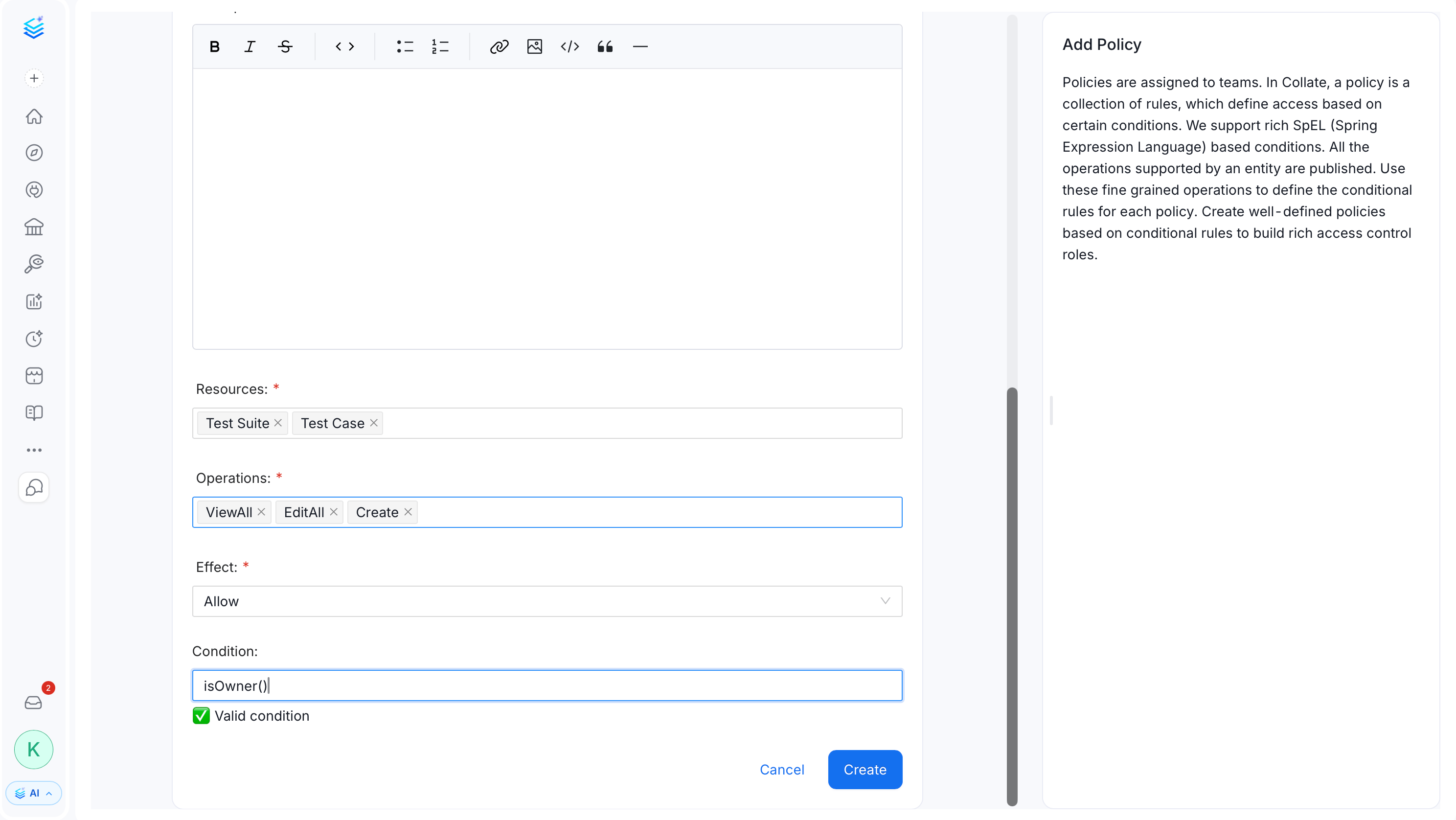 Add Policy form with Test Suite and Test Case resources, ViewAll, EditAll, and Create operations, the Allow effect, and the isOwner() condition