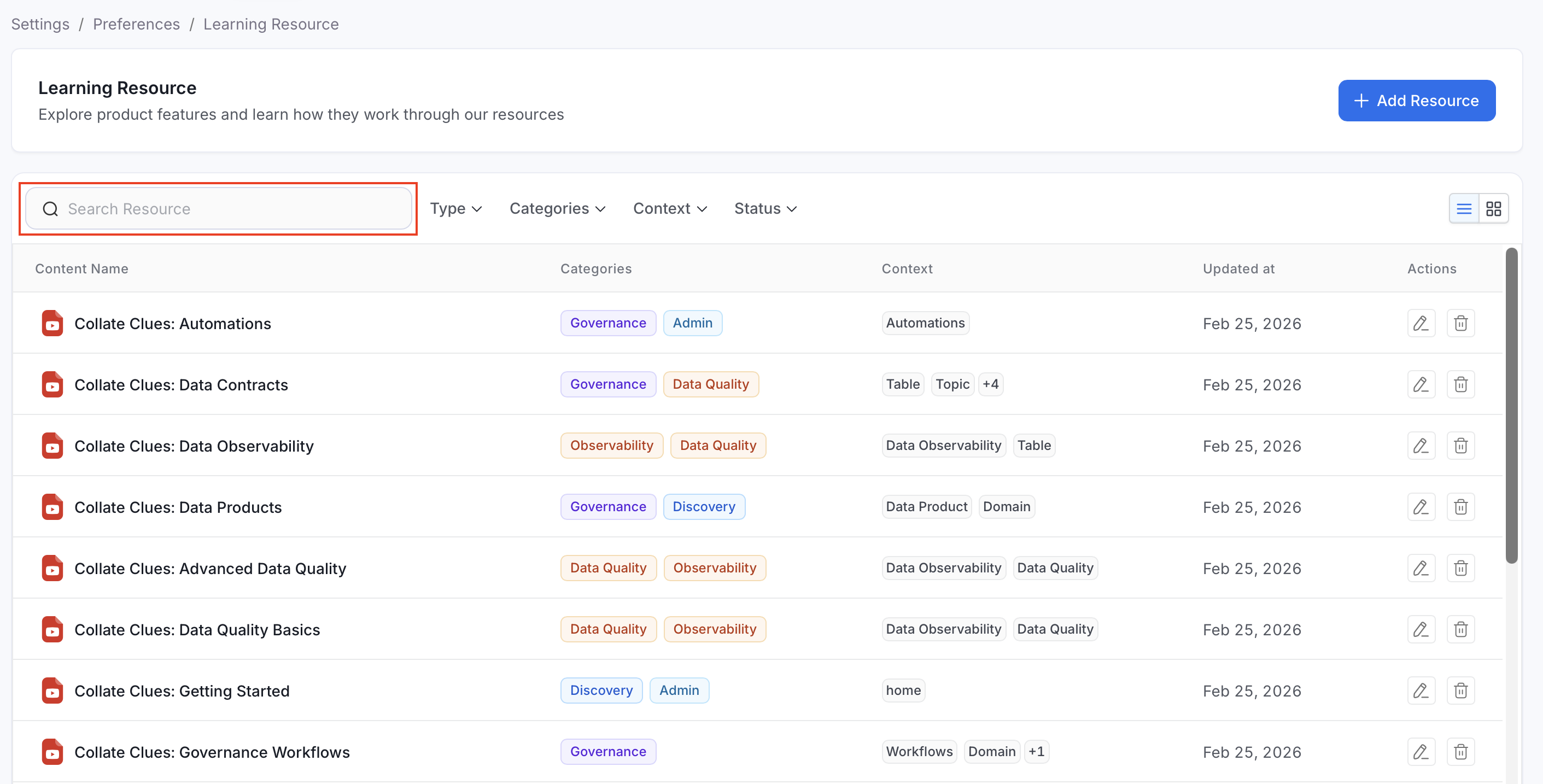 Search resources