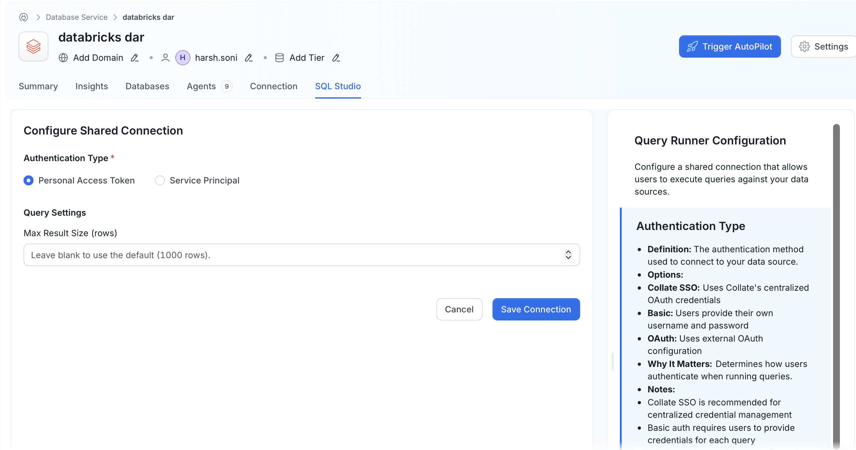 Databricks Configure Shared Connection form with Personal Access Token selected