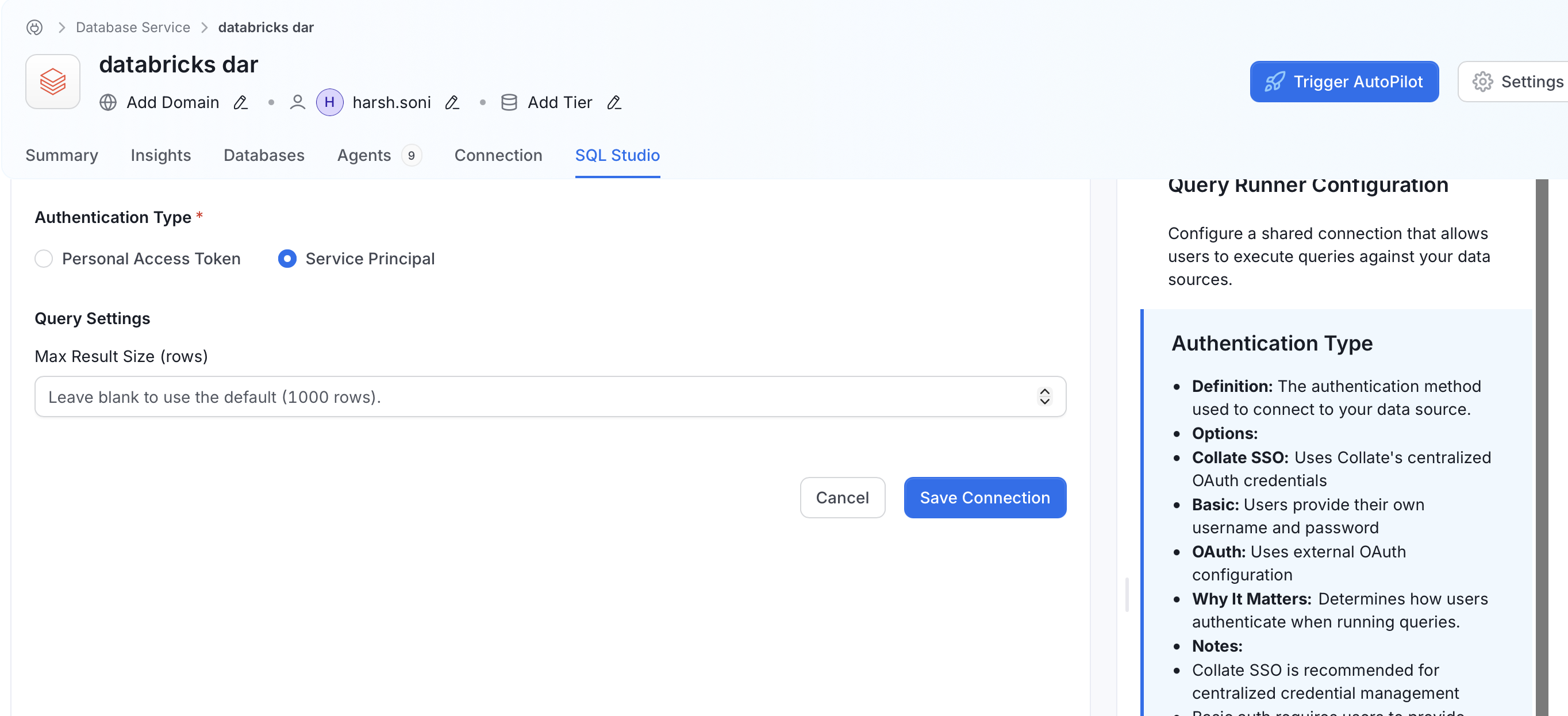 Databricks Configure Shared Connection form with Service Principal selected