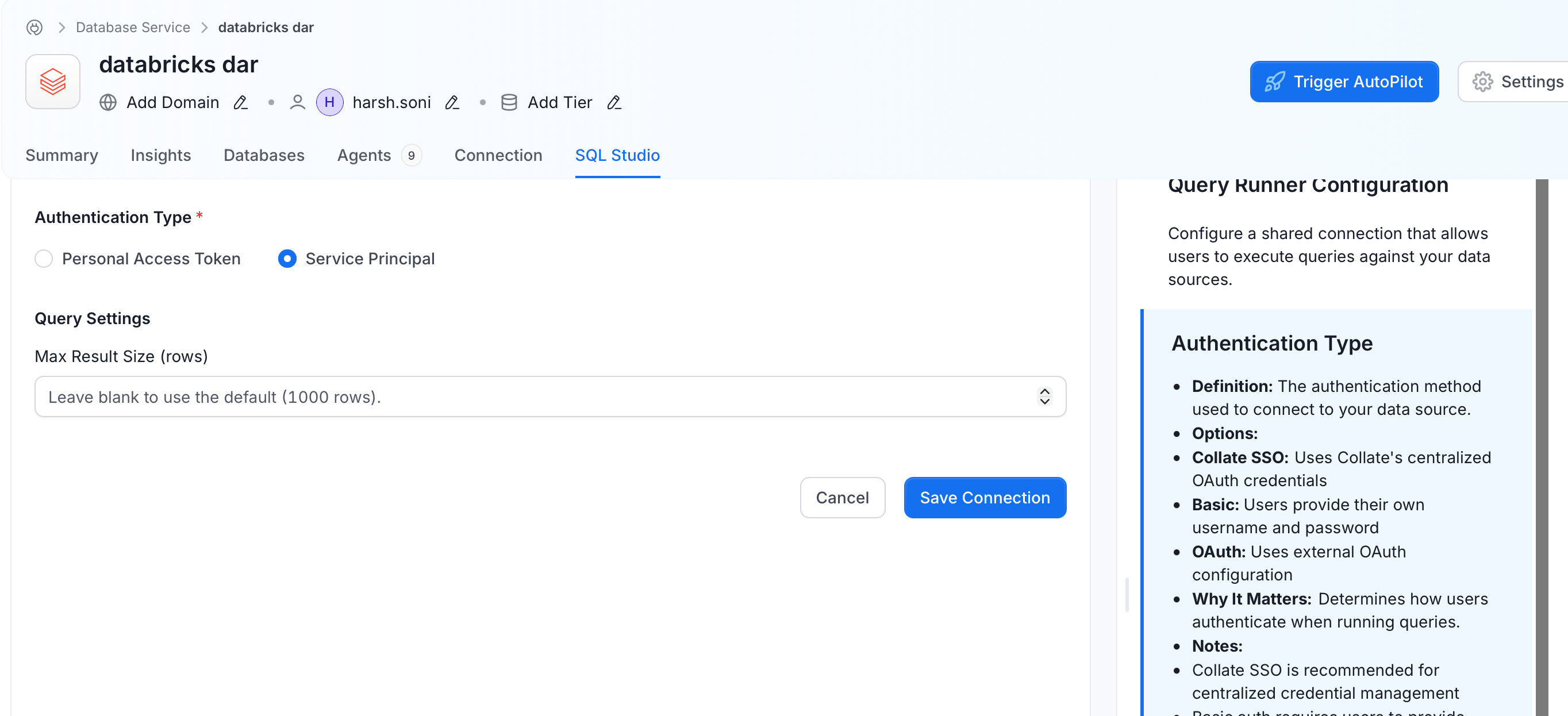 Databricks Configure Shared Connection form with Service Principal selected
