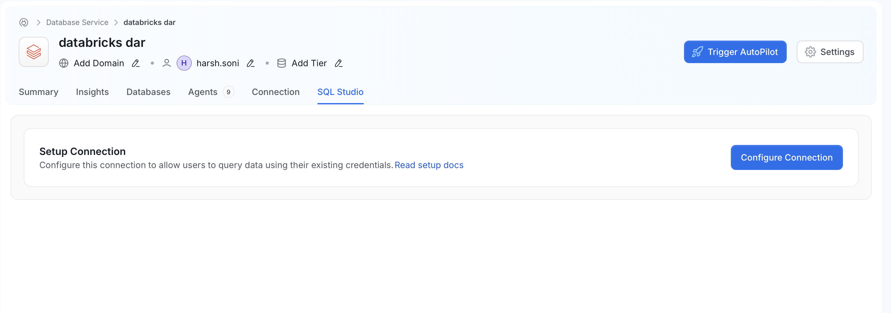 Databricks SQL Studio tab with the Configure Connection button