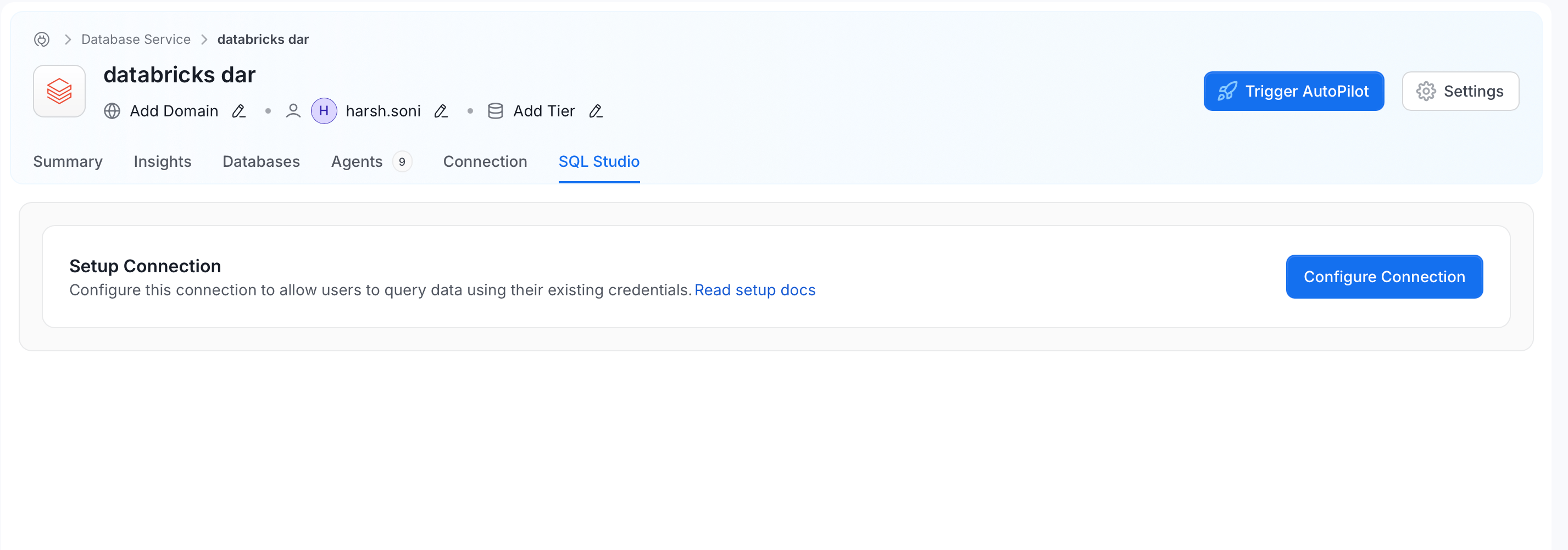 Databricks SQL Studio tab with the Configure Connection button