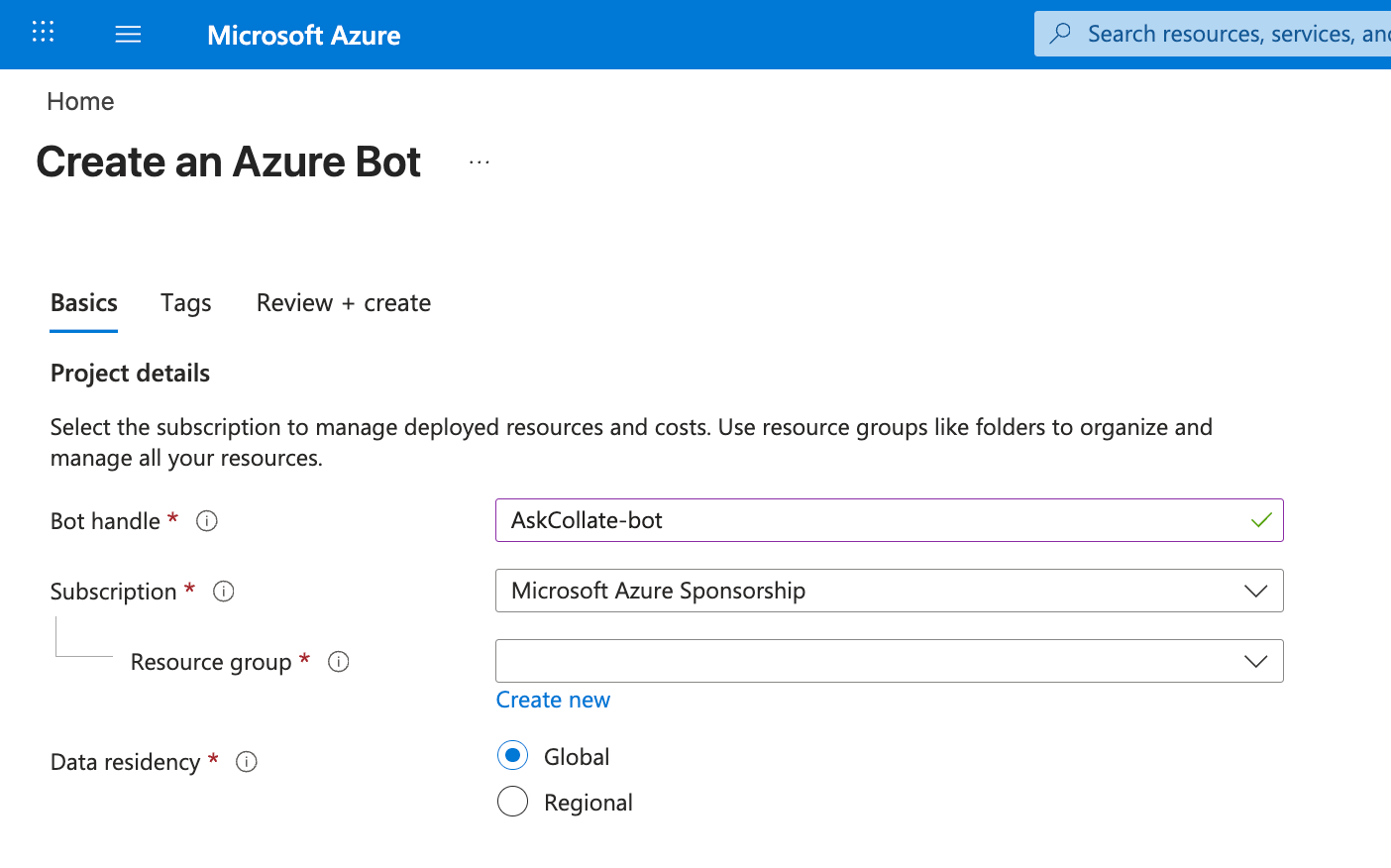 Create Azure Bot Registration