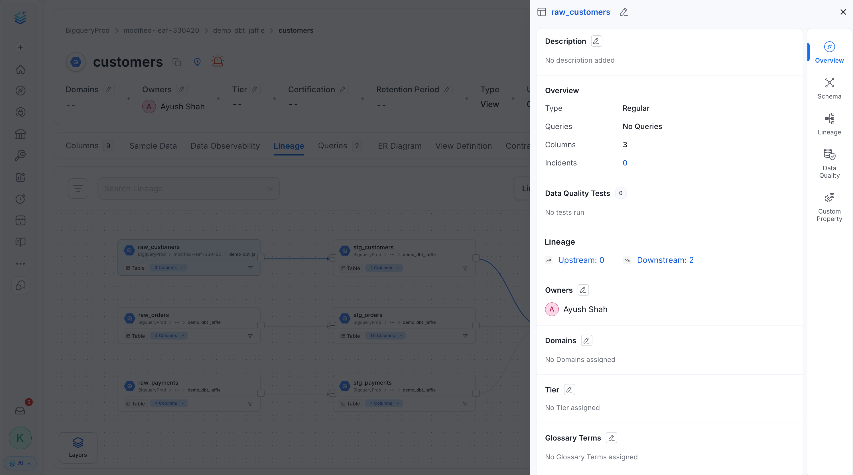 Quick Glance at the Data Asset from Lineage View