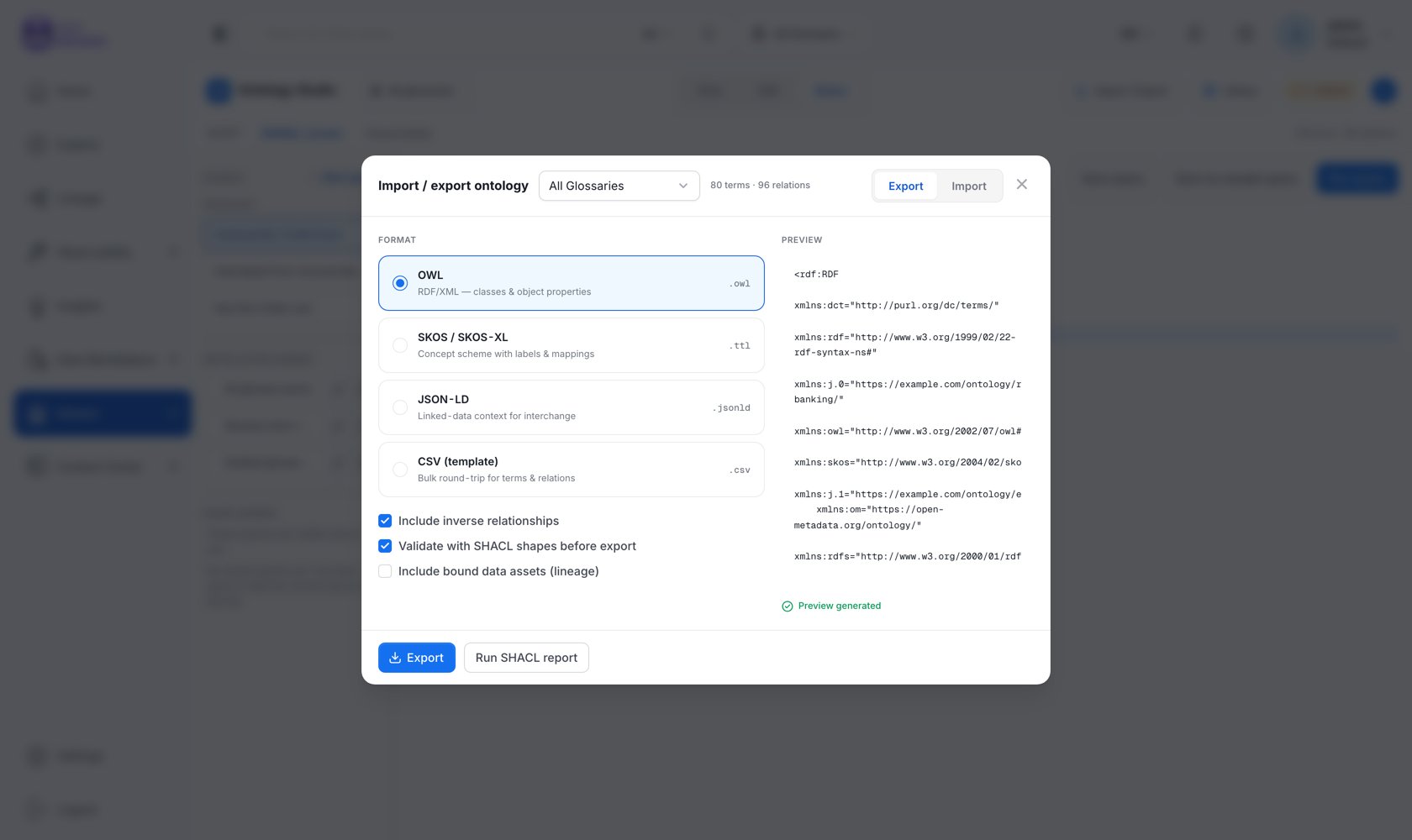 Ontology import and export dialog with a live serialization preview