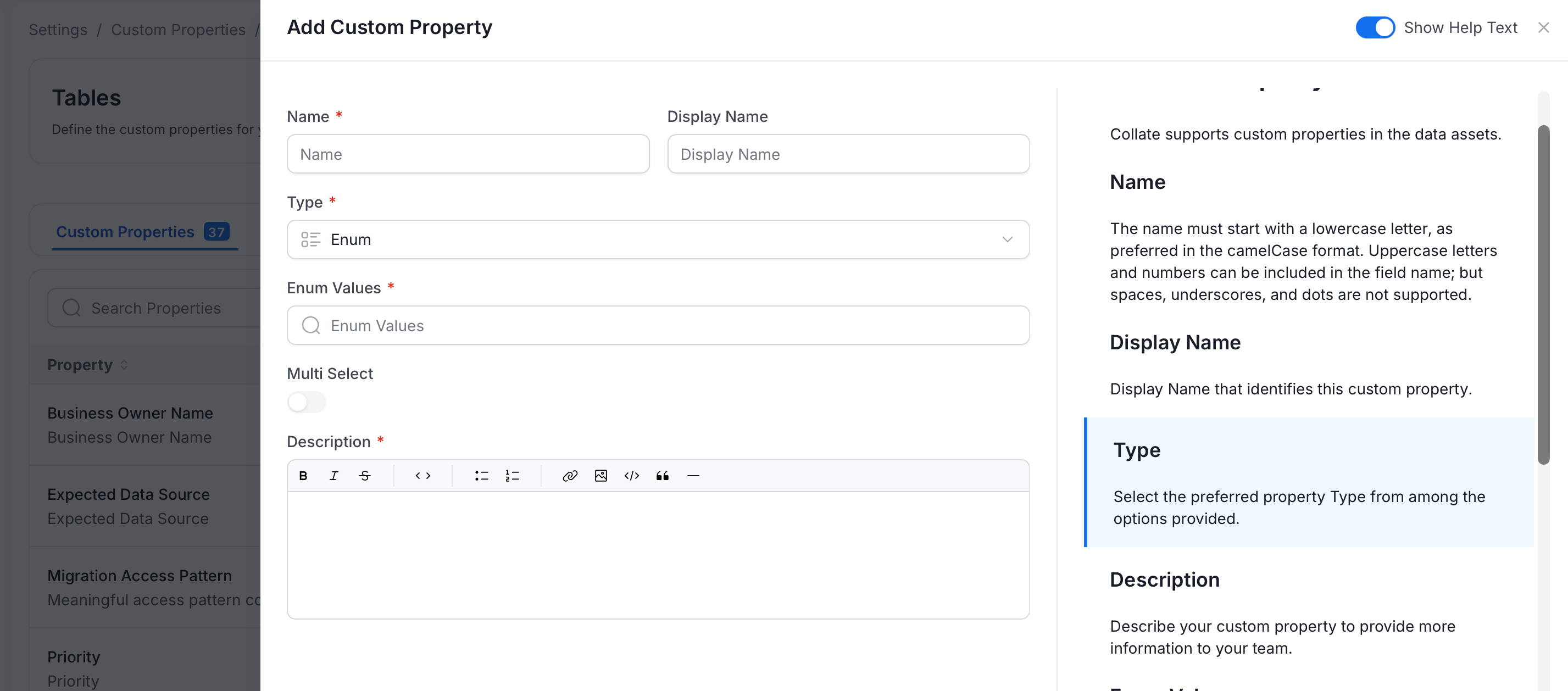 Add Custom Property panel with Enum selected, showing Enum Values and Multi Select