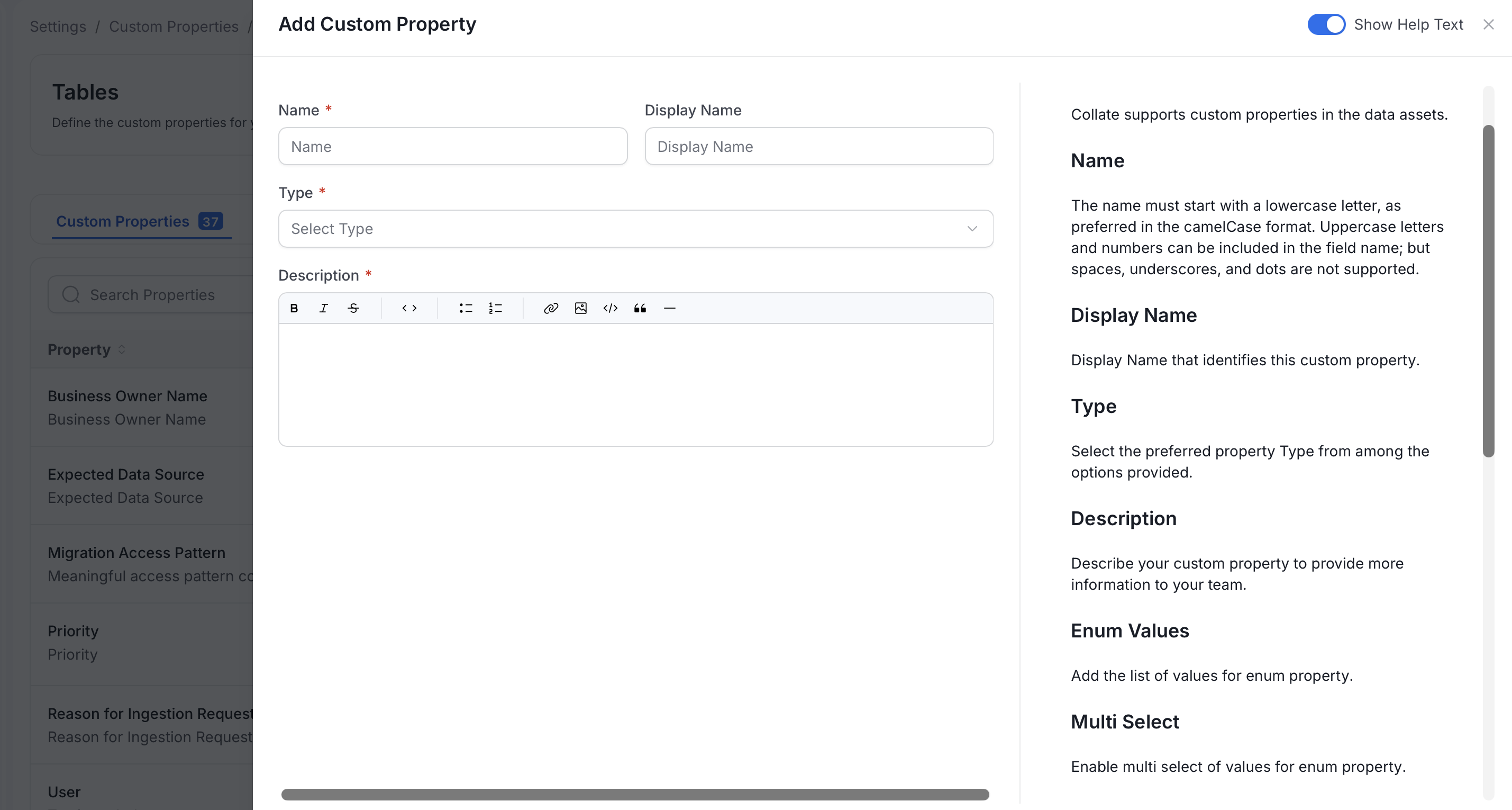 Add Custom Property panel with the help text panel open