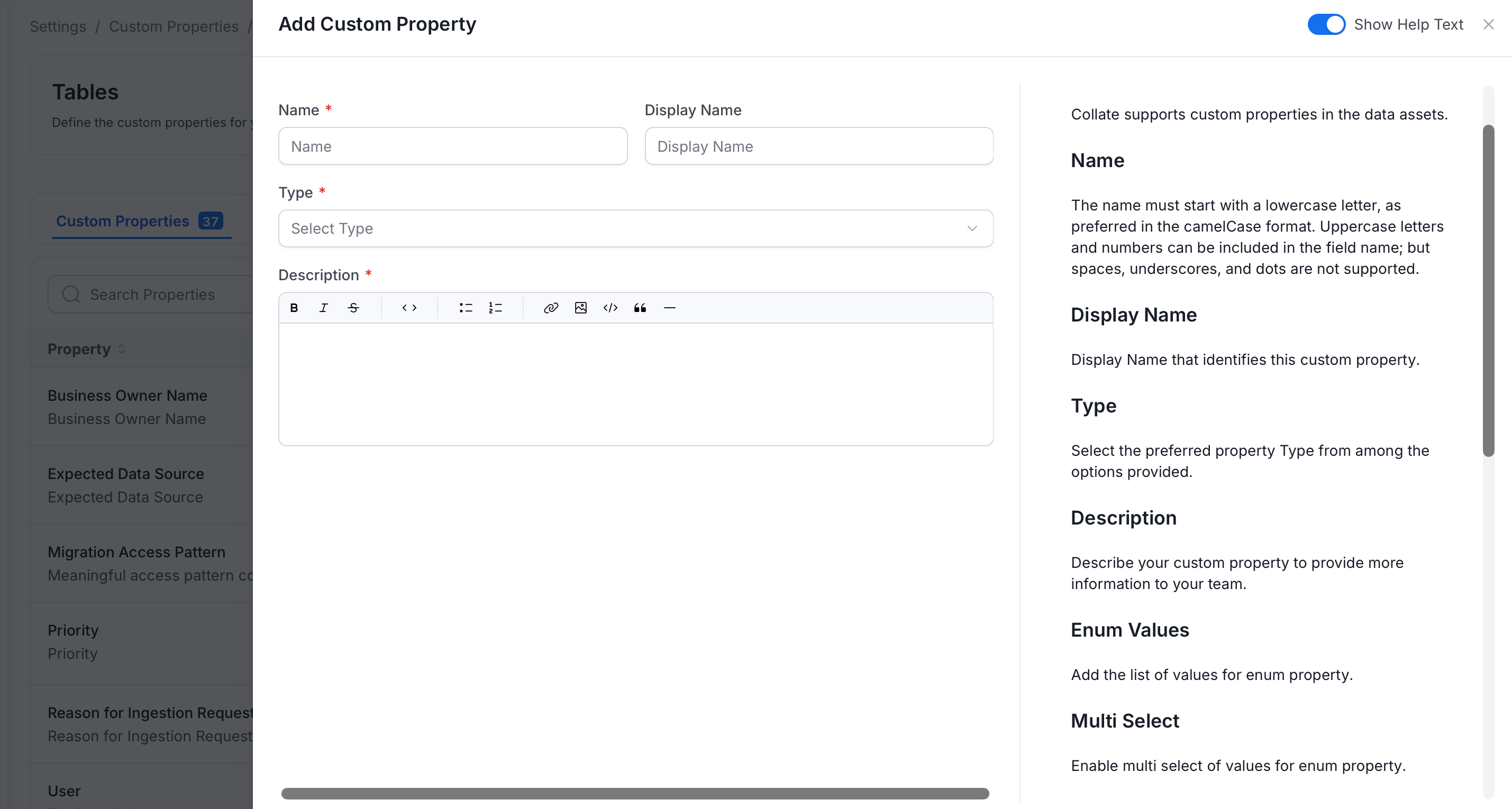 Add Custom Property panel with the help text panel open