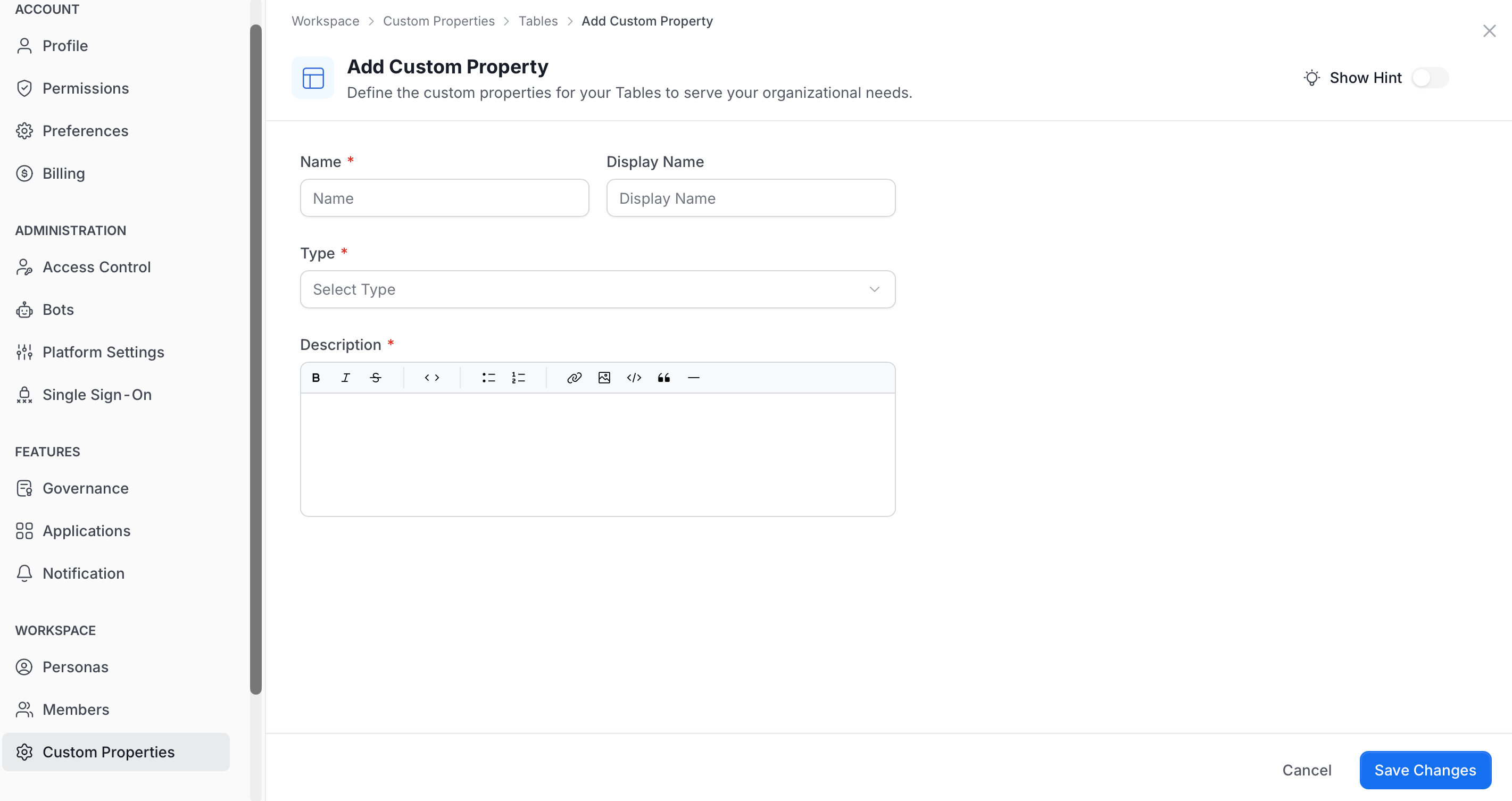 Add Custom Property page opened from the Workspace group of the Profile page, with the Show Hint toggle and Save Changes button