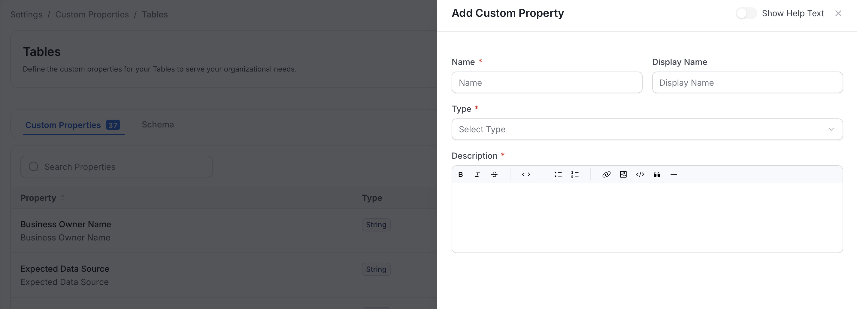 Add Custom Property panel with Name, Display Name, Type, and Description