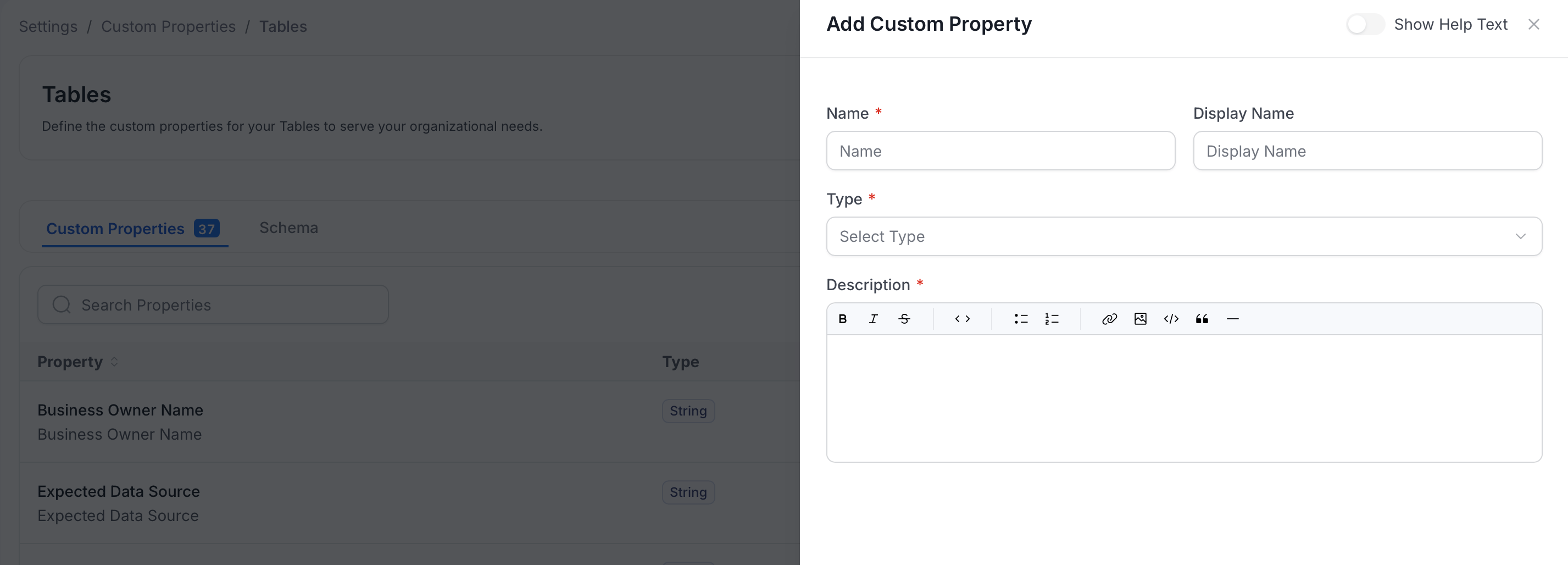 Add Custom Property panel with Name, Display Name, Type, and Description