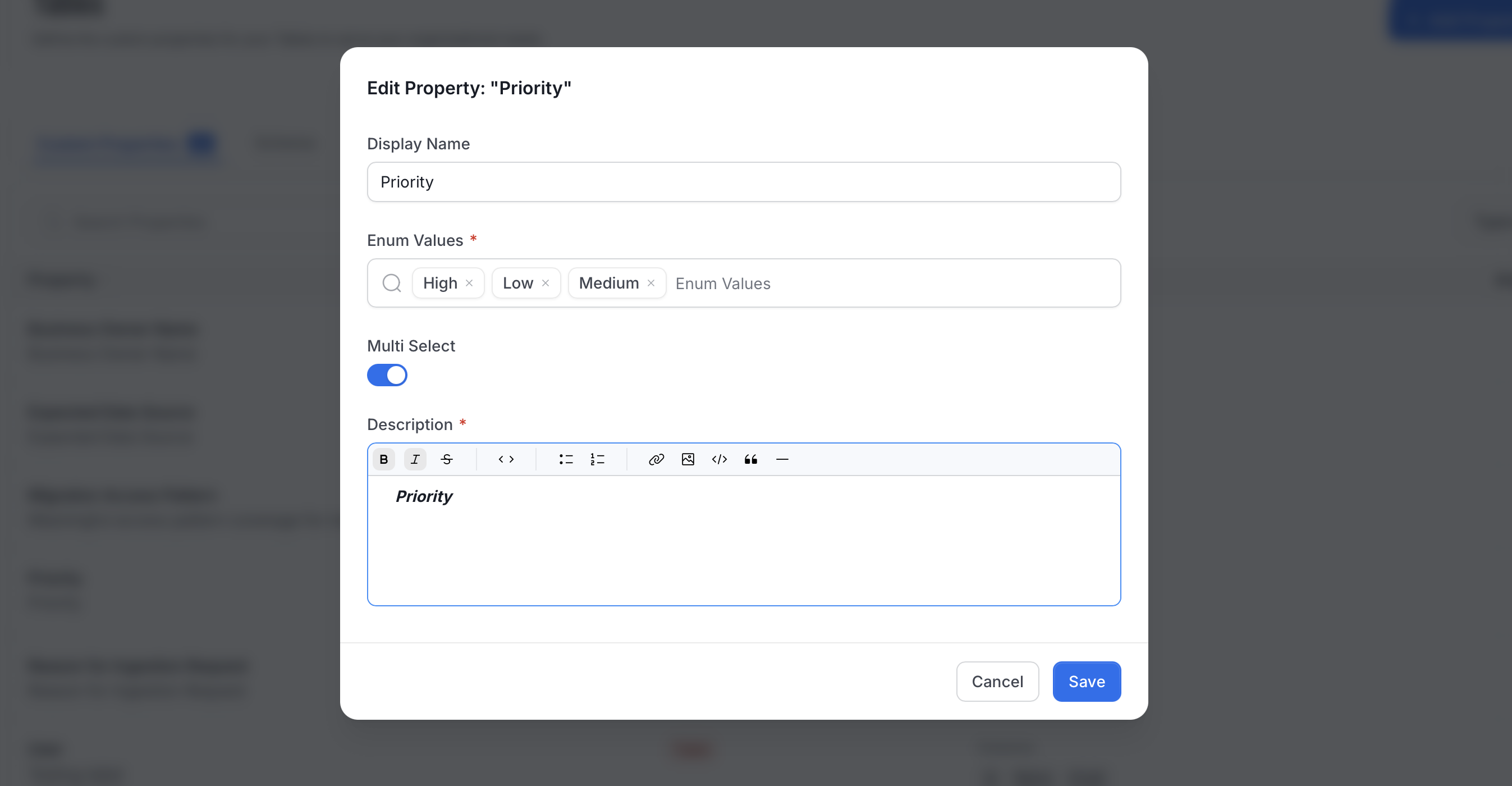 Edit Property window for an Enum property with Enum Values and Multi Select
