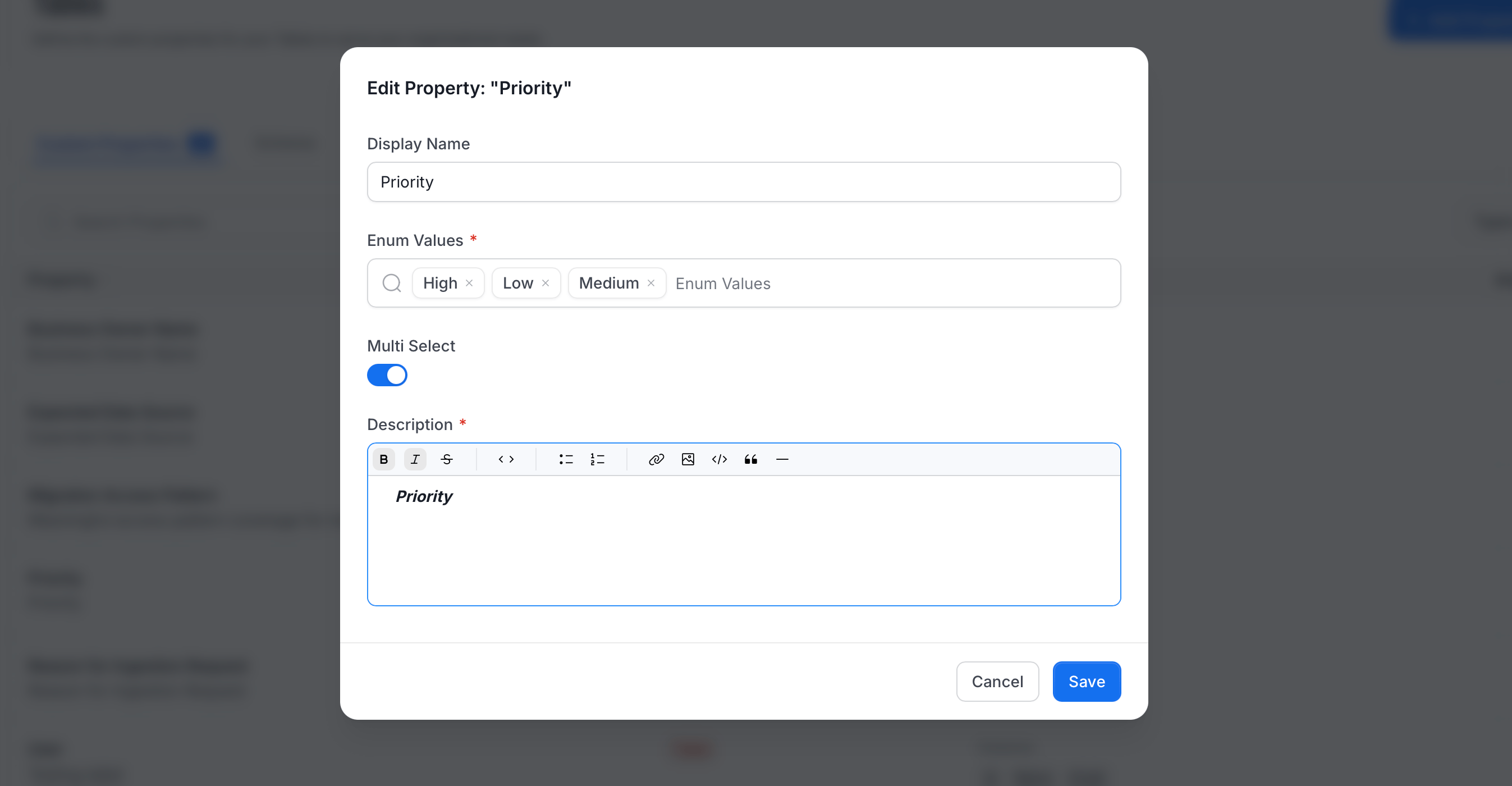 Edit Property window for an Enum property with Enum Values and Multi Select