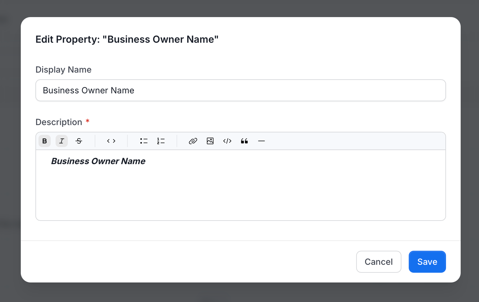 Edit Property window with Display Name and Description