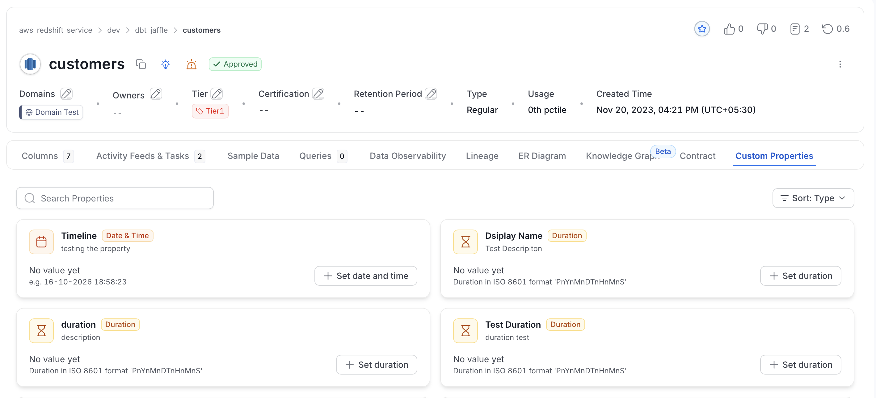 Custom Properties tab with a card for each property, a search box, and a Sort menu