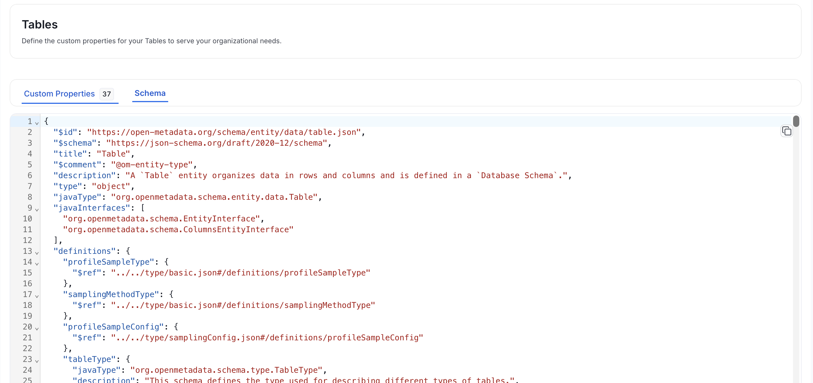 Schema tab showing the JSON schema of the Table asset type