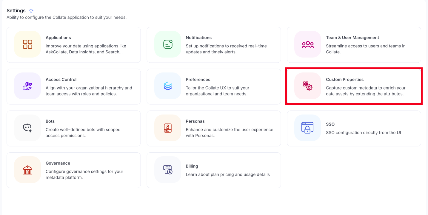 Custom Properties card on the Settings page