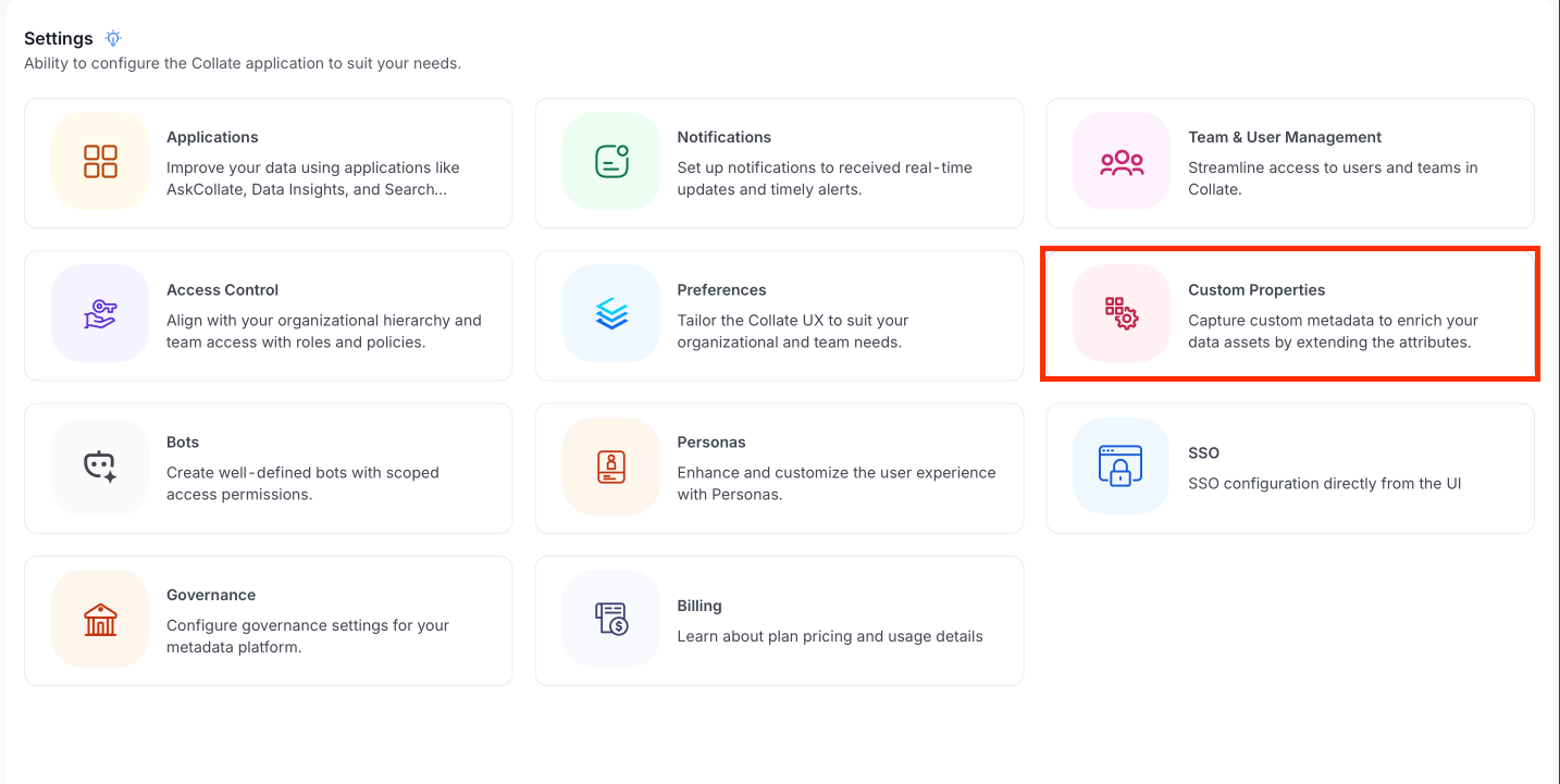 Custom Properties card on the Settings page